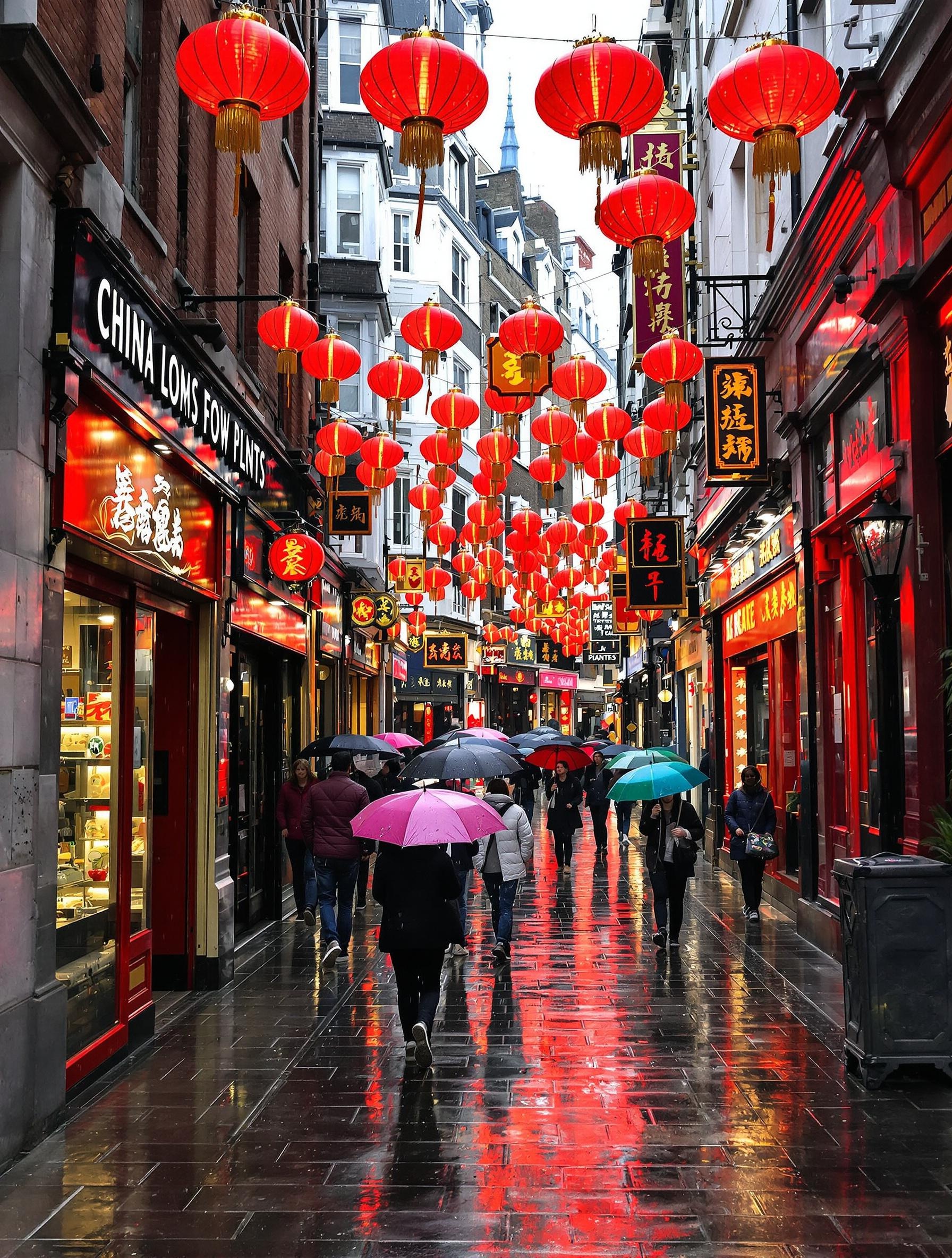 Ruelle de Chinatown Londres sous la pluie avec passants et lanternes rouges
