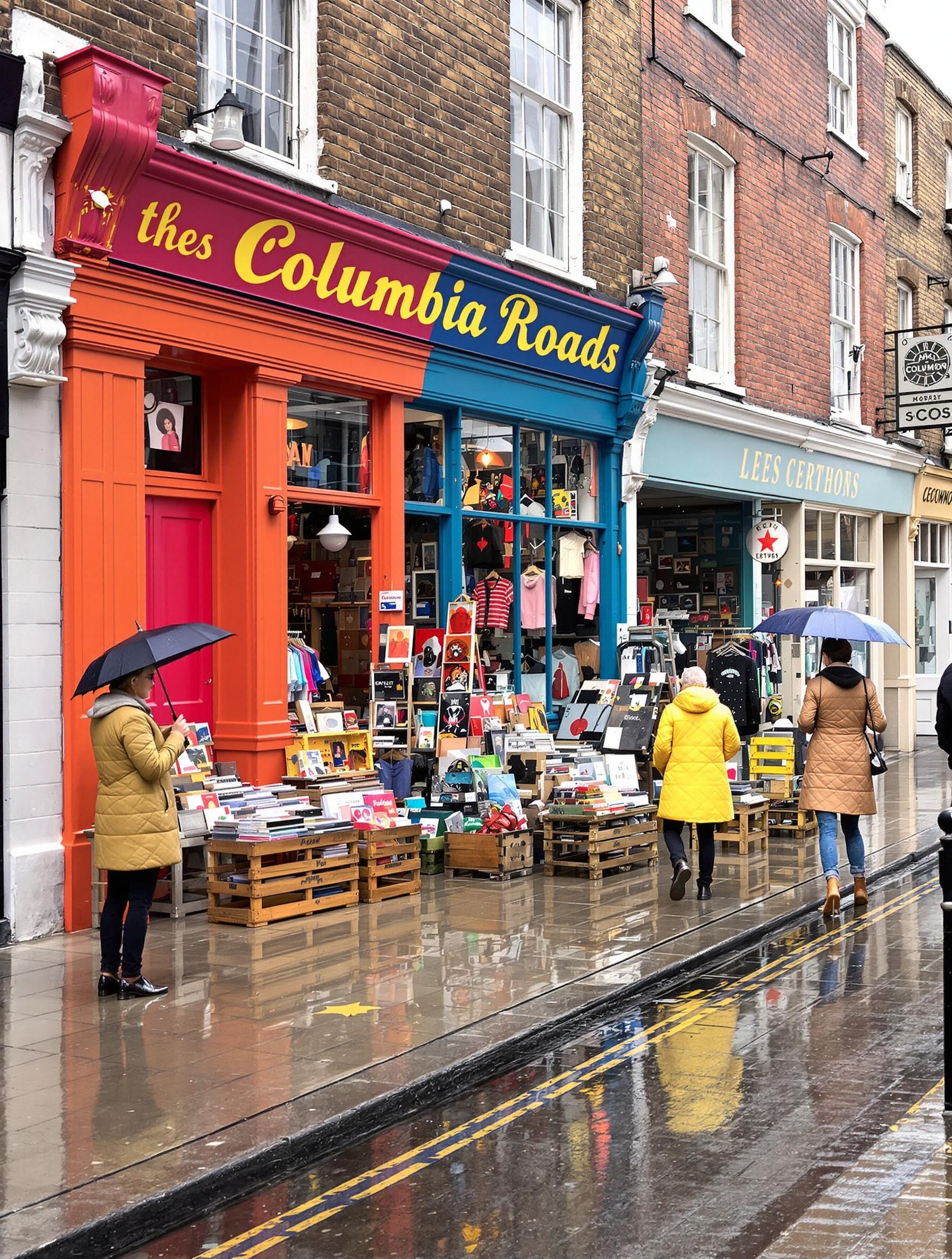 Boutiques vintage colorées sur Columbia Road sous la pluie.