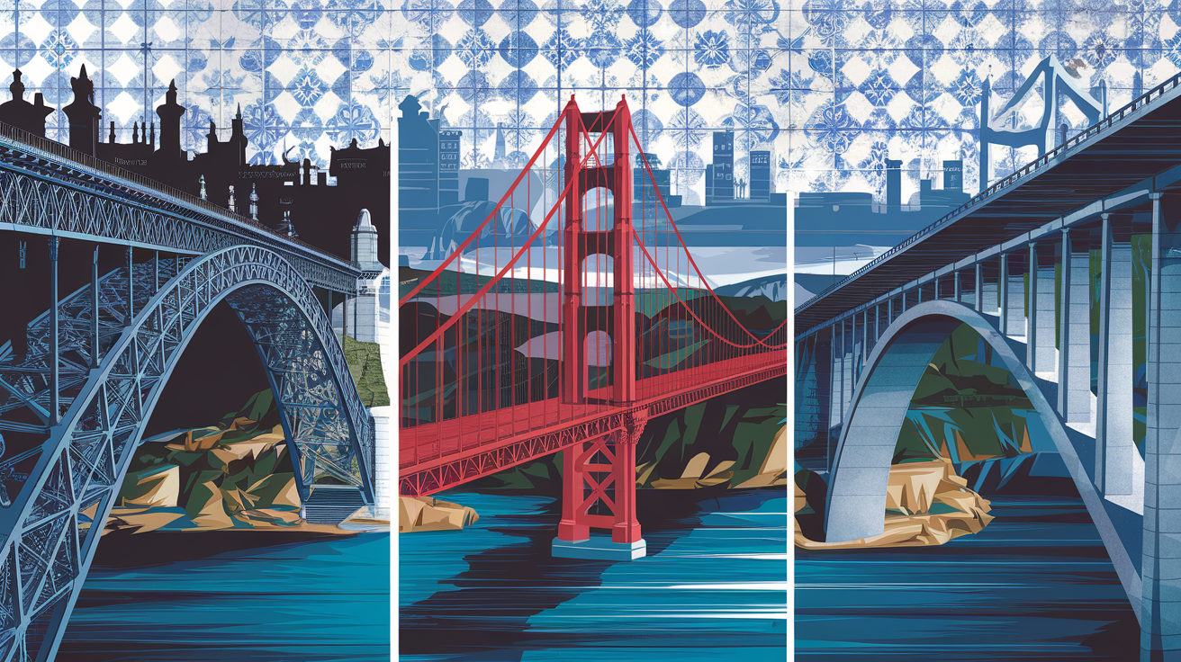 Pont Maria Pia, Pont 25 Avril, Pont Arrábida en coupe sur fond de Porto/Lisbonne azulejos Douro