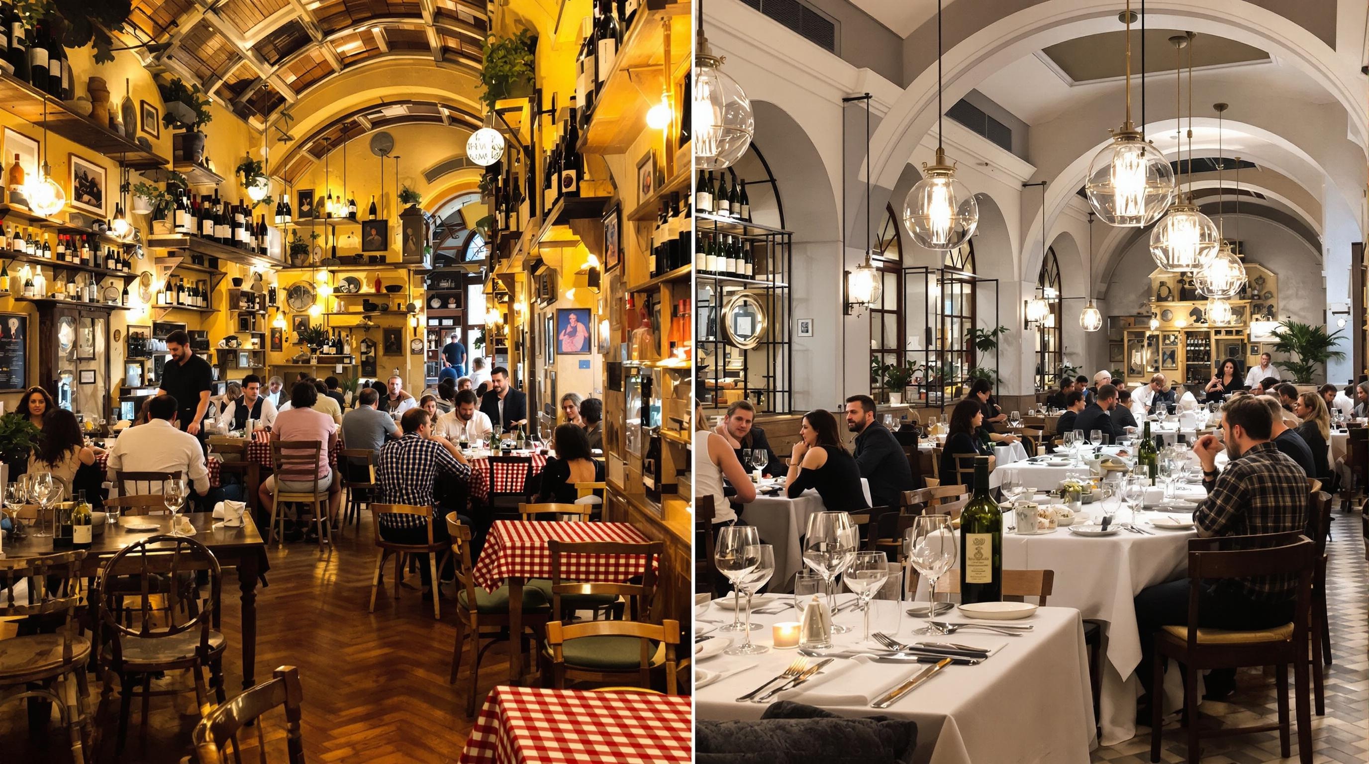 Comparatif visuel entre une trattoria romaine et un restaurant gastronomique à Rome.
