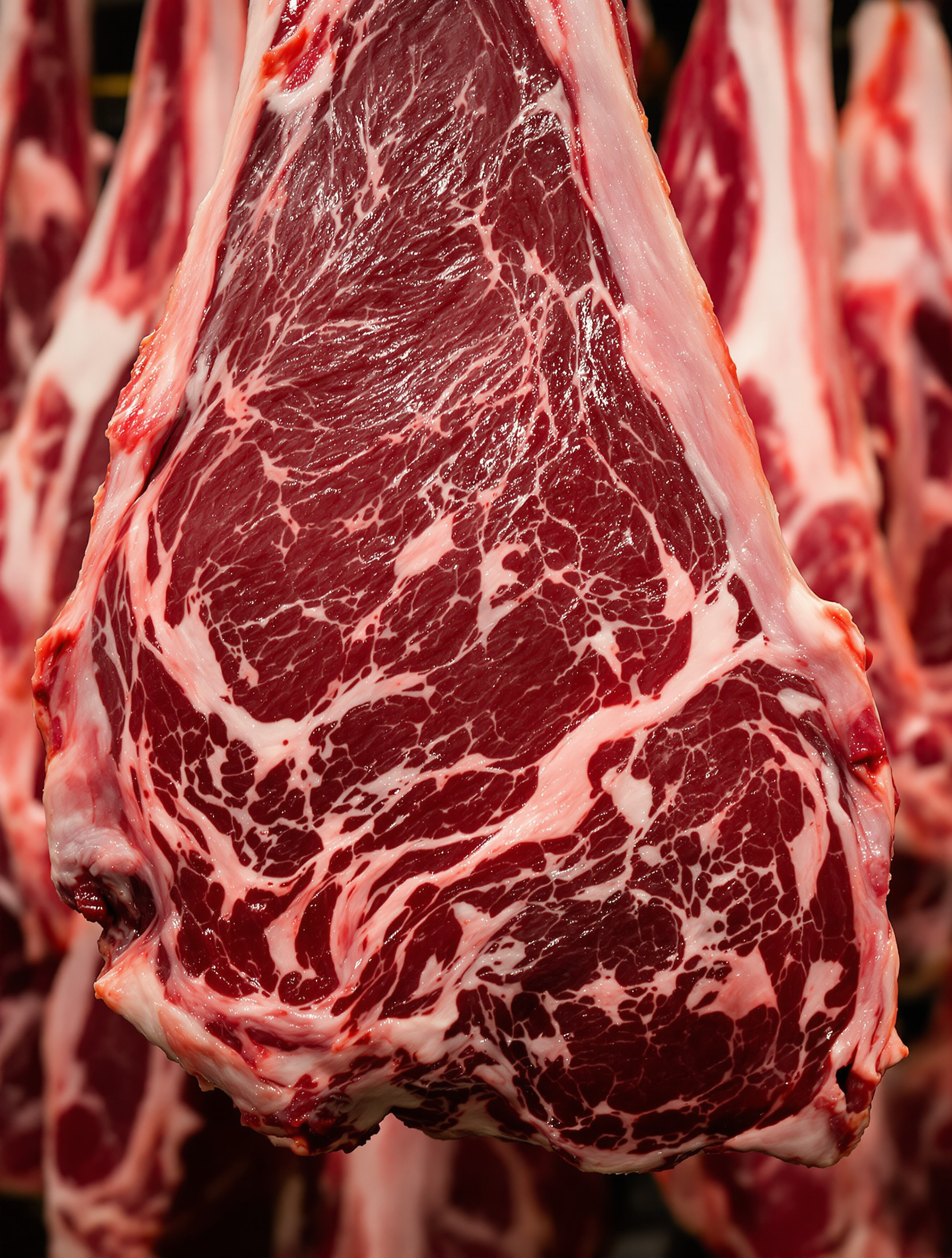 Côte de bœuf maturée, crue, suspendue dans une cave de maturation.
