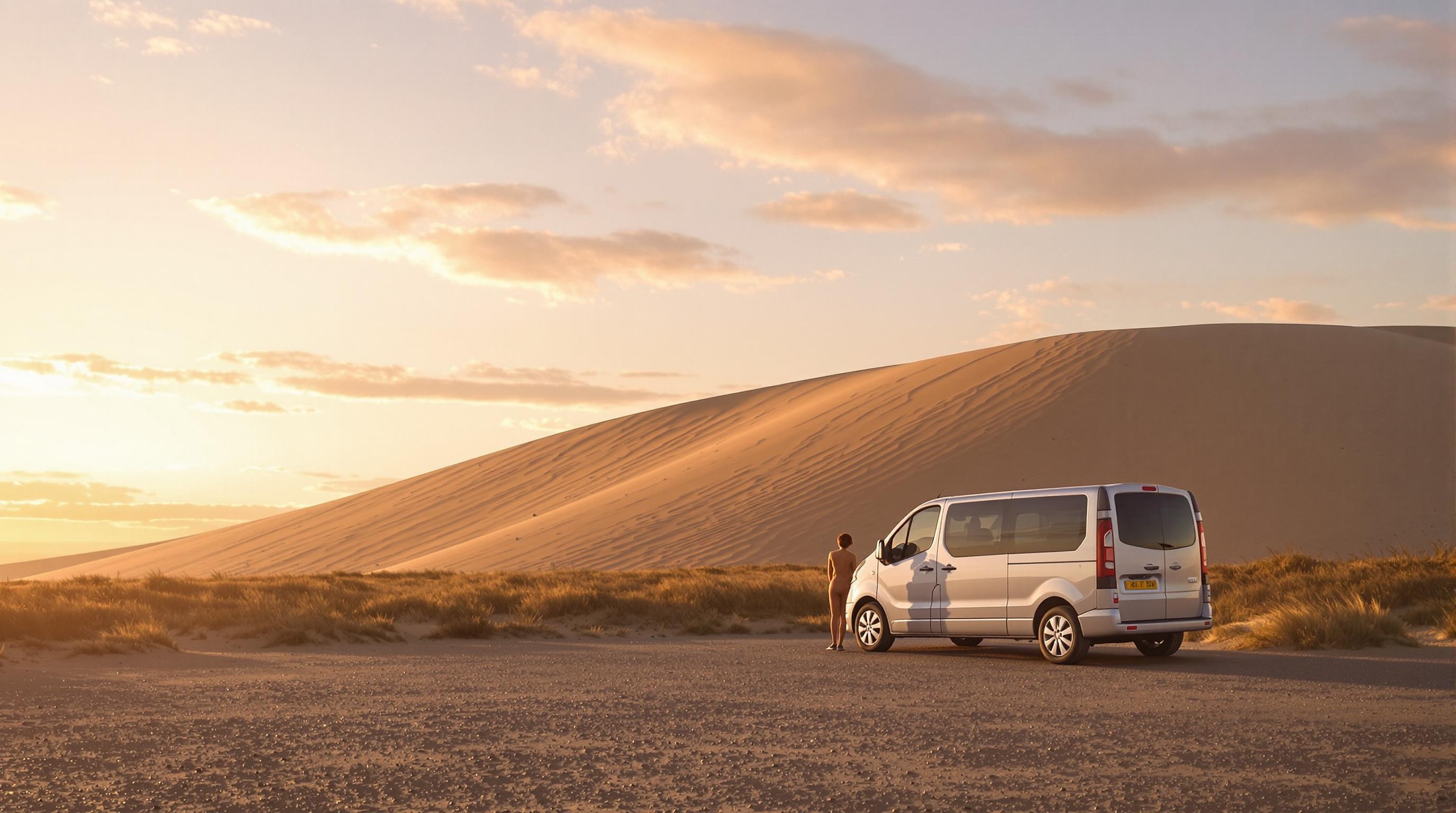 Mini-van garé face à la dune, coucher de soleil pastel sur la Baie de Somme, ciel chaud et silhouette observant l’horizon