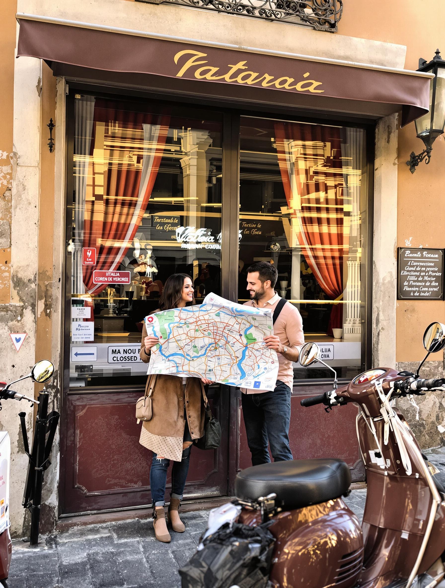 Touristes devant une trattoria fermée à Rome avec une Vespa à proximité.