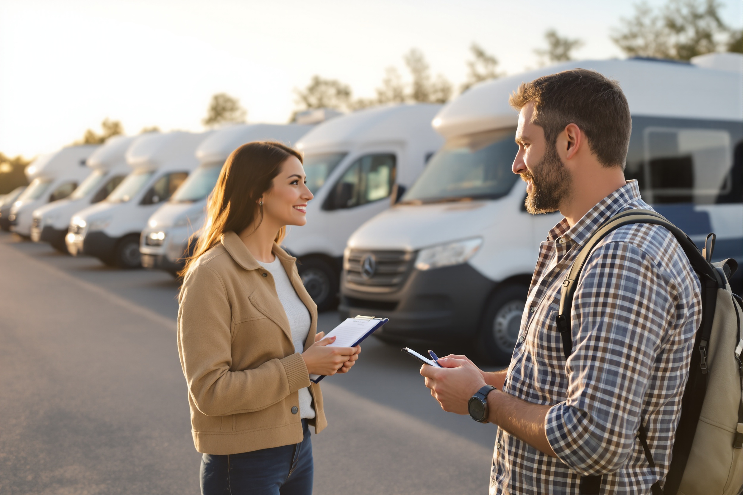 Couple de voyageurs comparant des camping-cars pour leur location