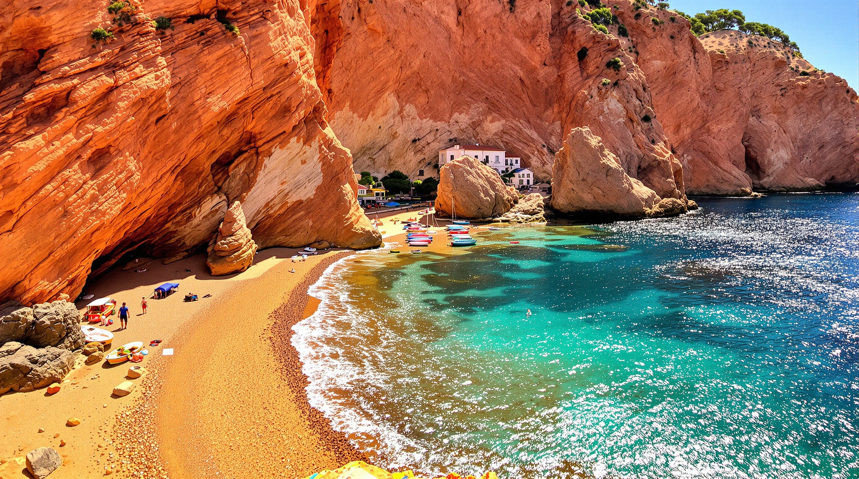 Crique de la plage de Ficajola, galets et sable blond, falaises rouges autour, mer turquoise, petit port de pêche en arrière-plan, lumière du matin