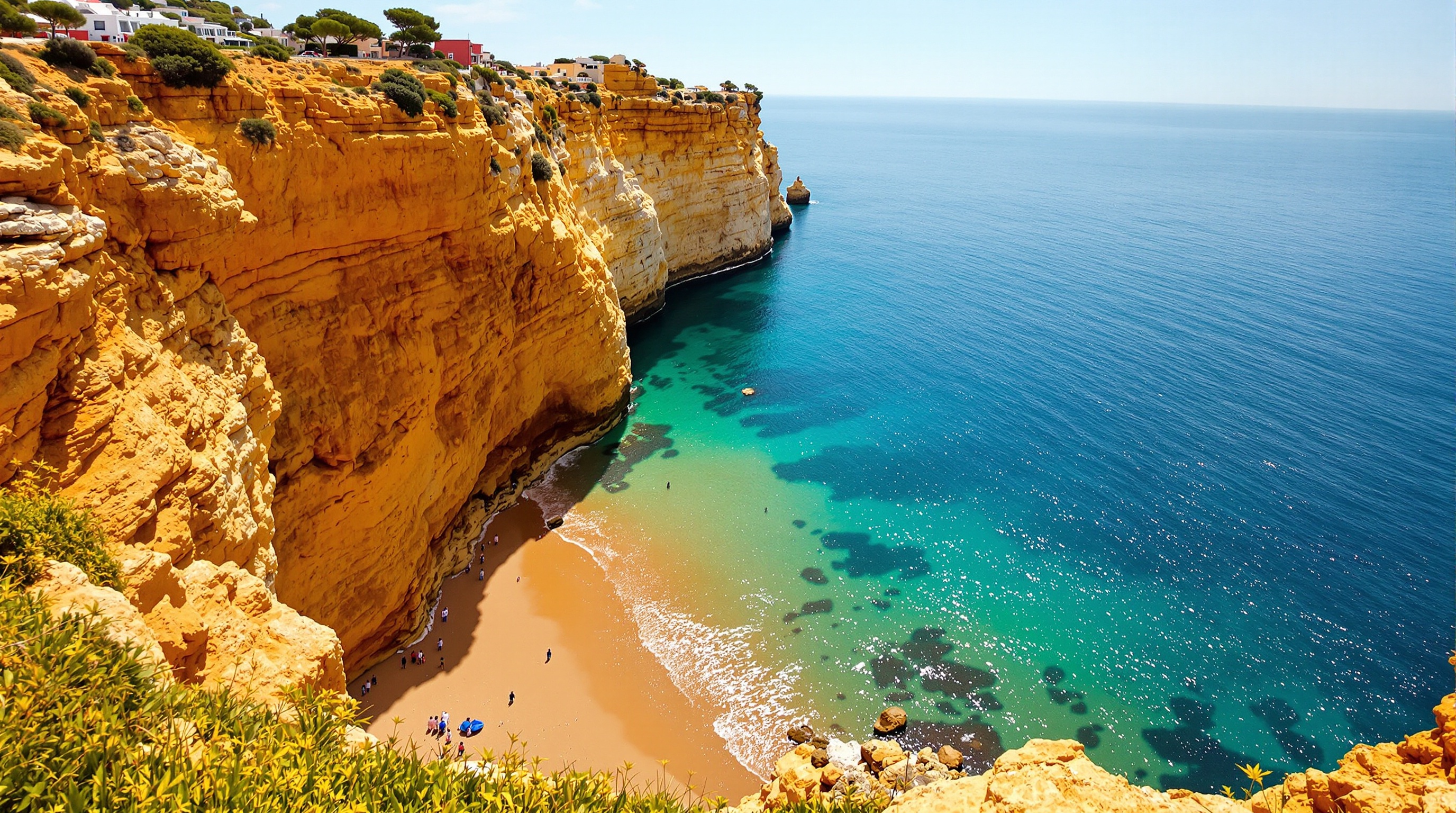 Crique sauvage isolée en Algarve avec sentier, falaises ocres et mer turquoise