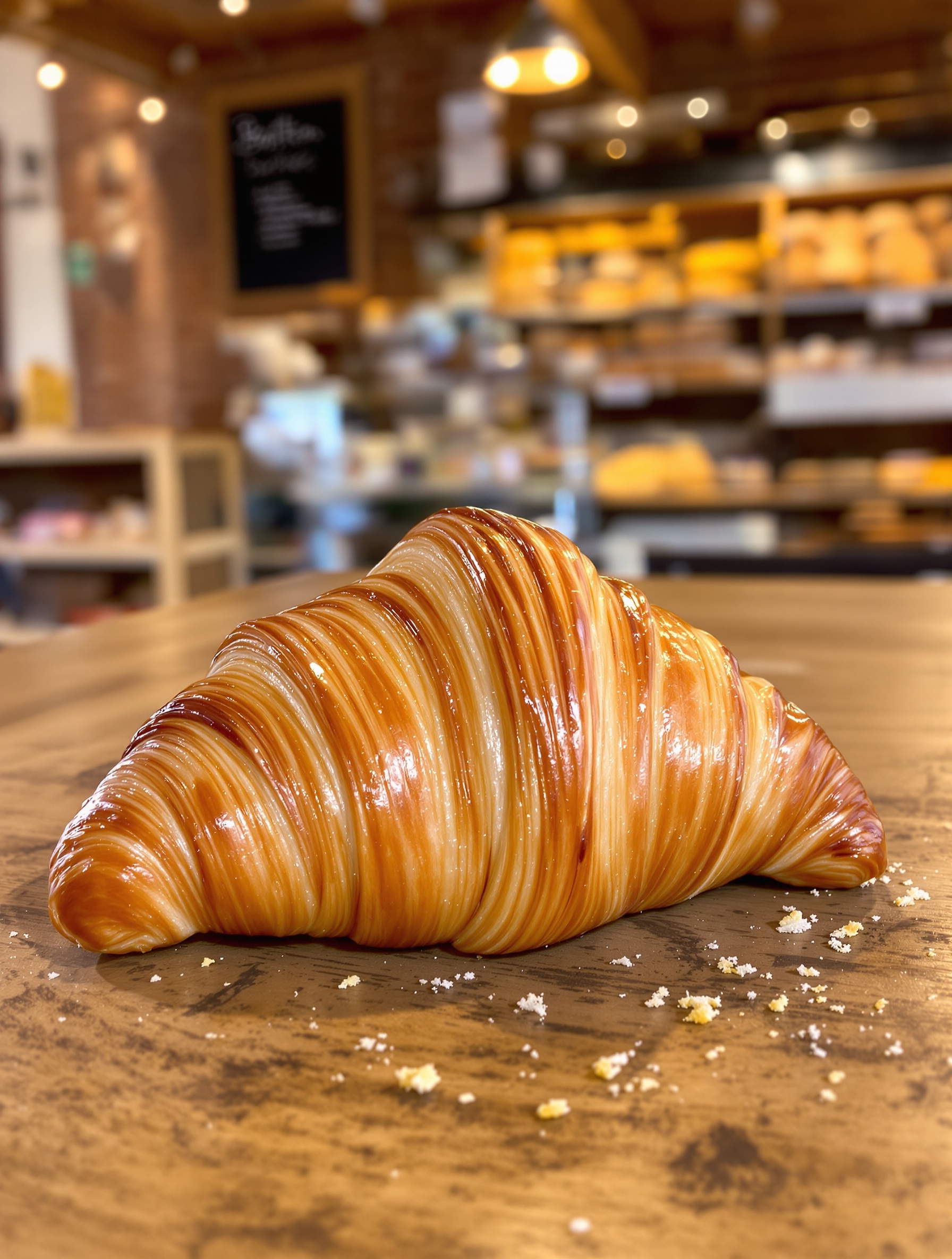 Un croissant au beurre doré posé sur une table en bois dans une boulangerie typiquement lilloise, lumière du matin.
