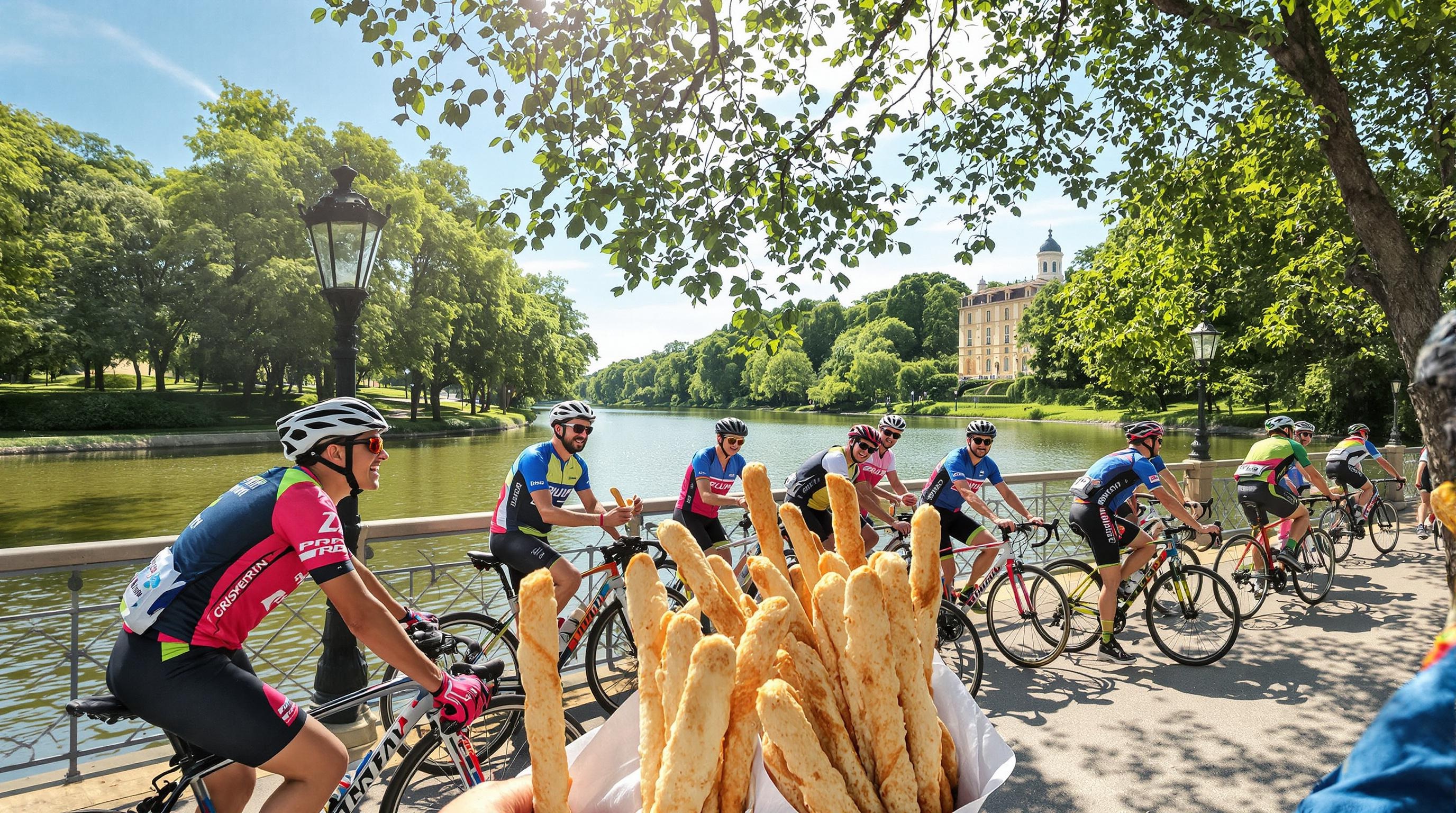 Cyclistes longeant Po vers Valentino avec pause gressins