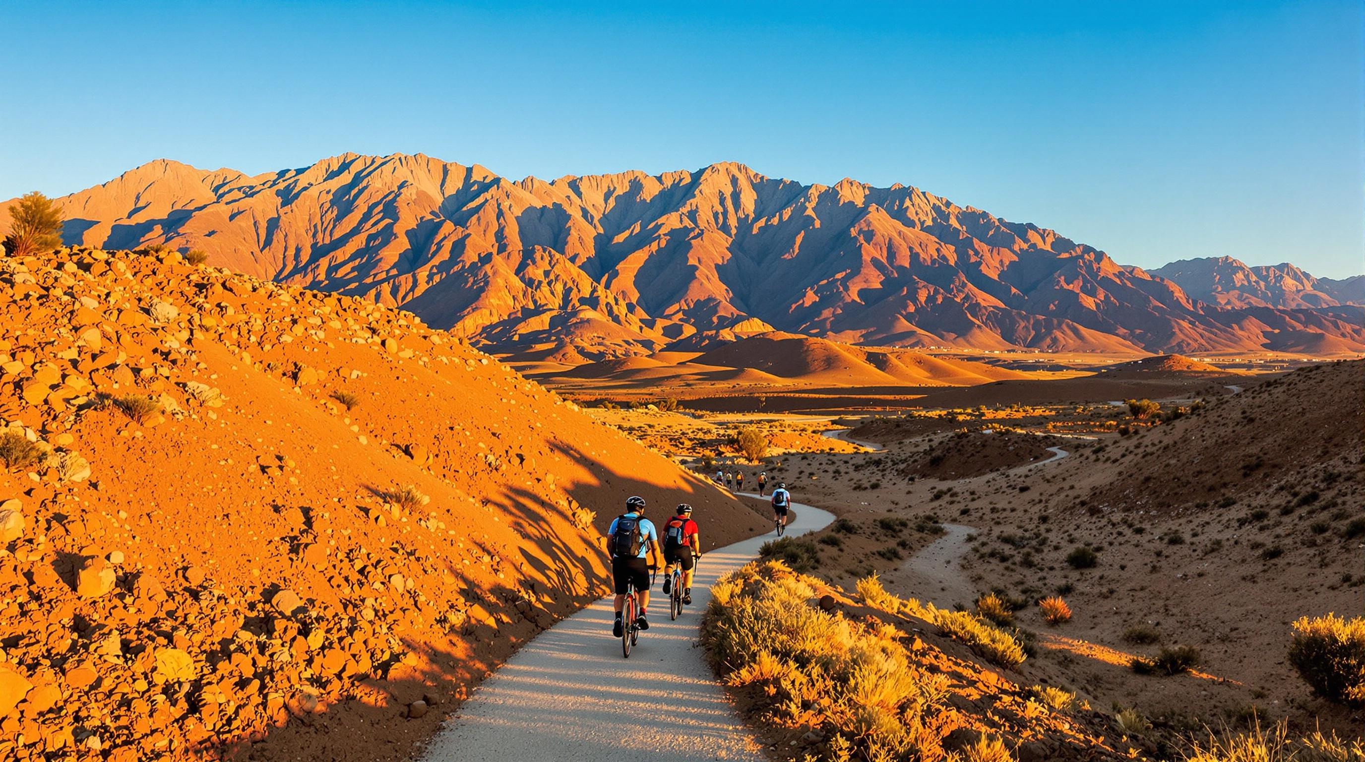 Cyclistes et randonneurs sur une piste ocre sinueuse des Bardenas Reales près de Tudela, avec des montagnes en arrière-plan.