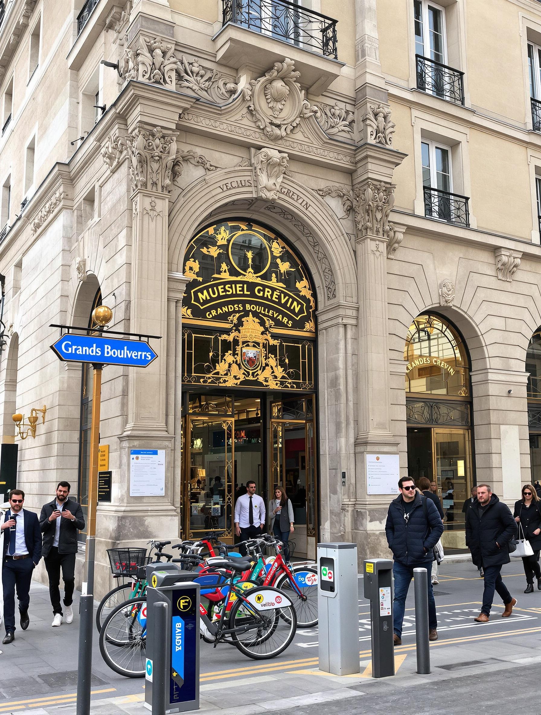 Entrée du Musée Grévin avec station Vélib', panneau métro et passants