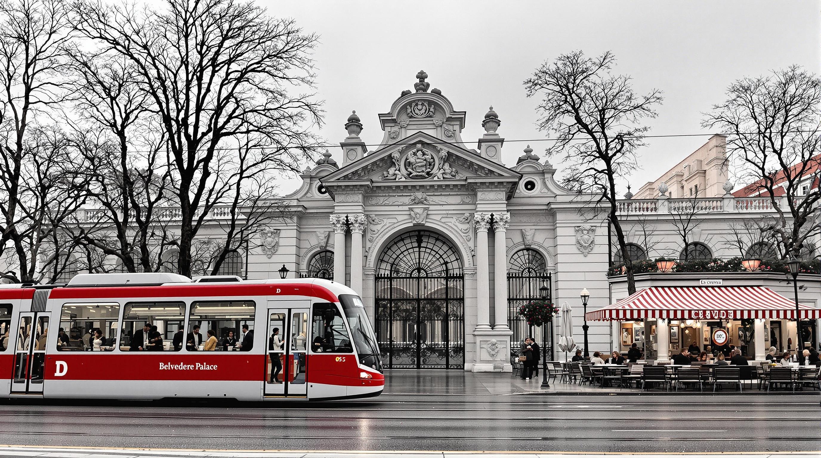 Entrée du Palais du Belvédère à Vienne avec le tram D et un café local par un matin gris.