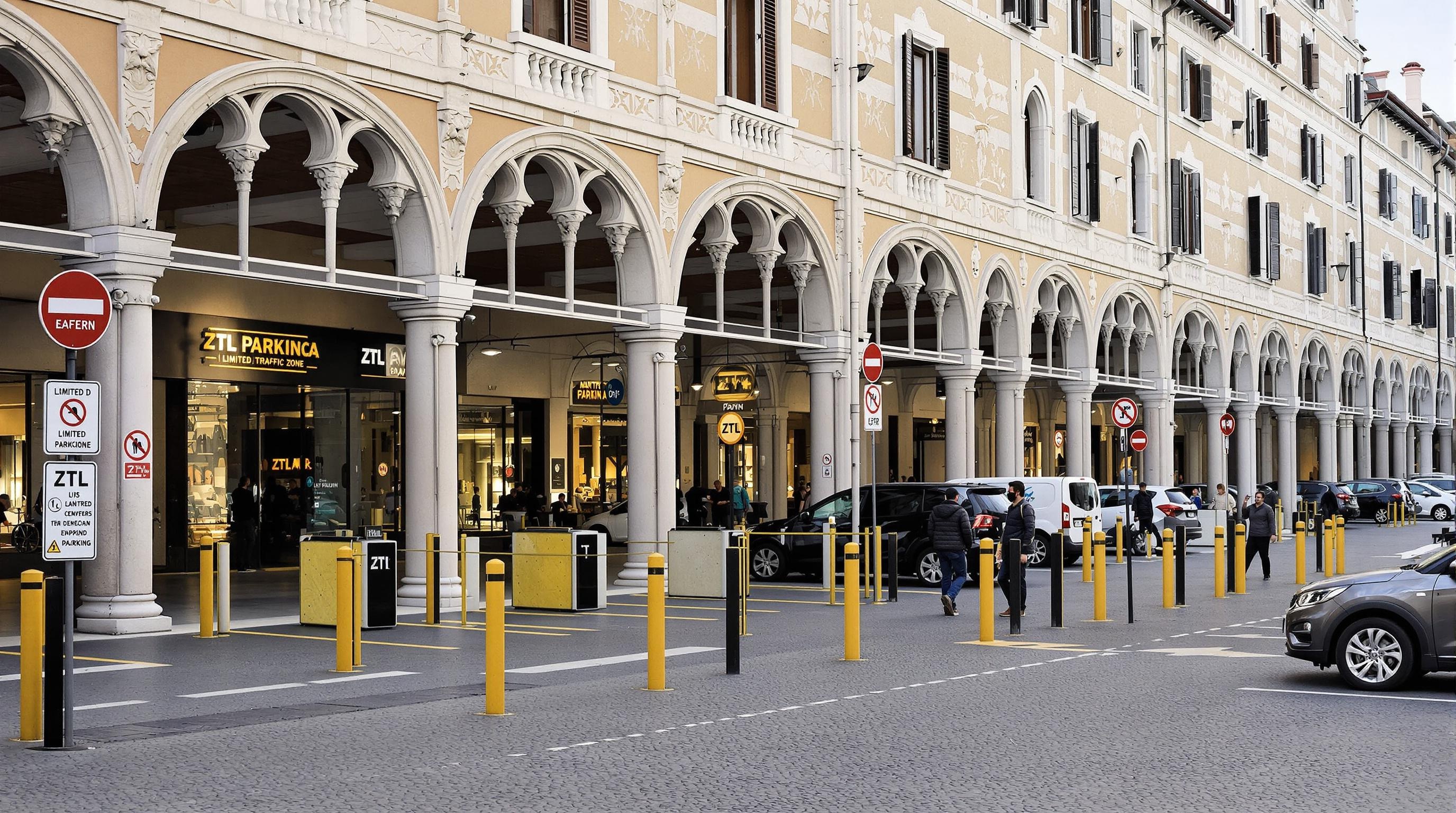 Parking moderne à l'entrée du centre de Padoue avec arcades en vue