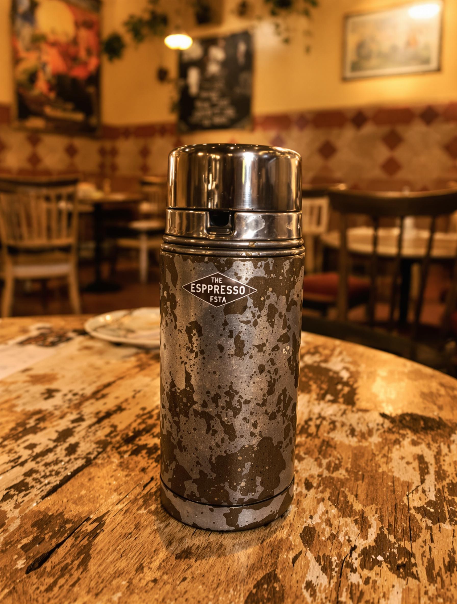 Espresso dans un vieux thermos cabossé dans une trattoria italienne authentique