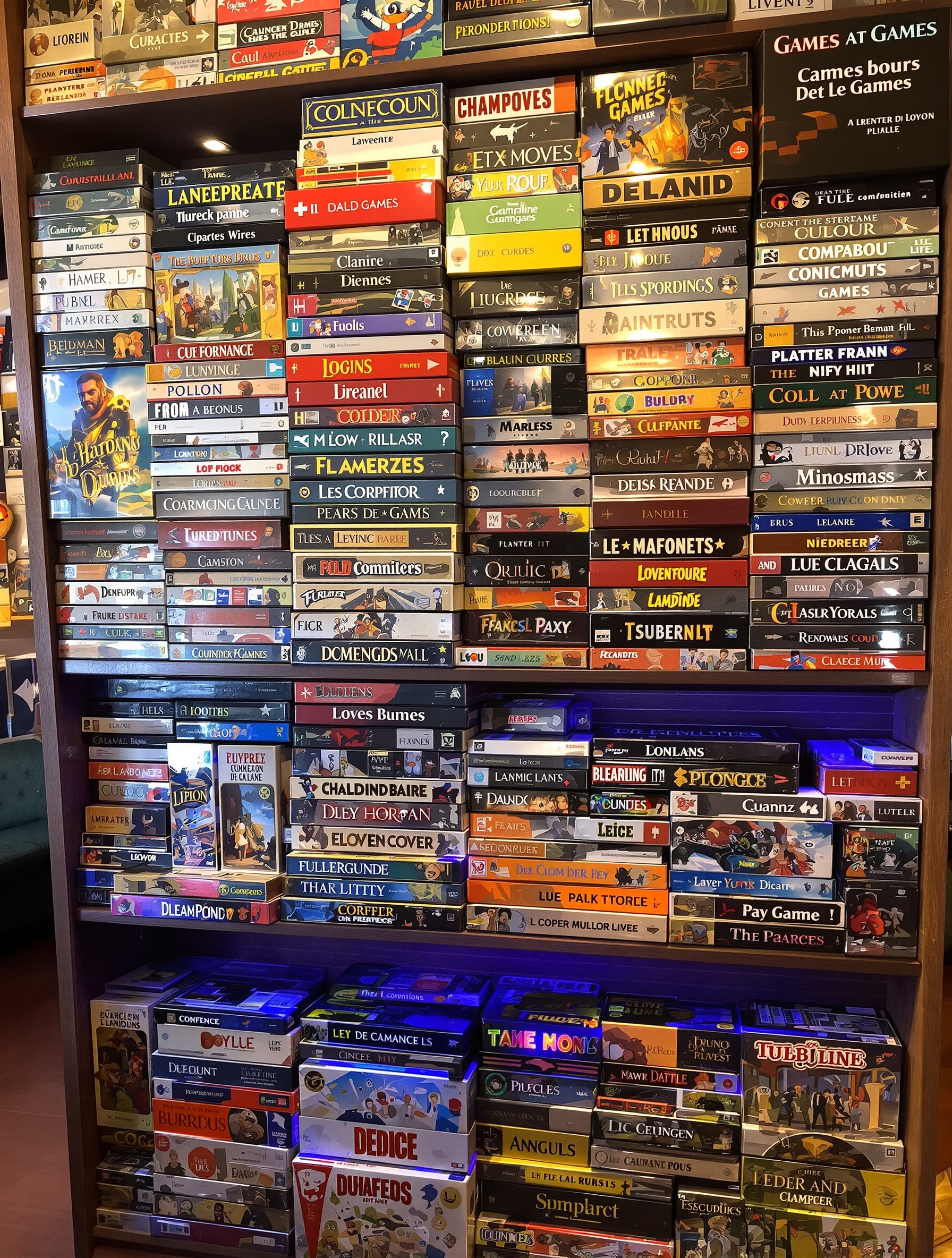 Étagère remplie de boîtes de jeux colorées dans un bar à jeux lyonnais