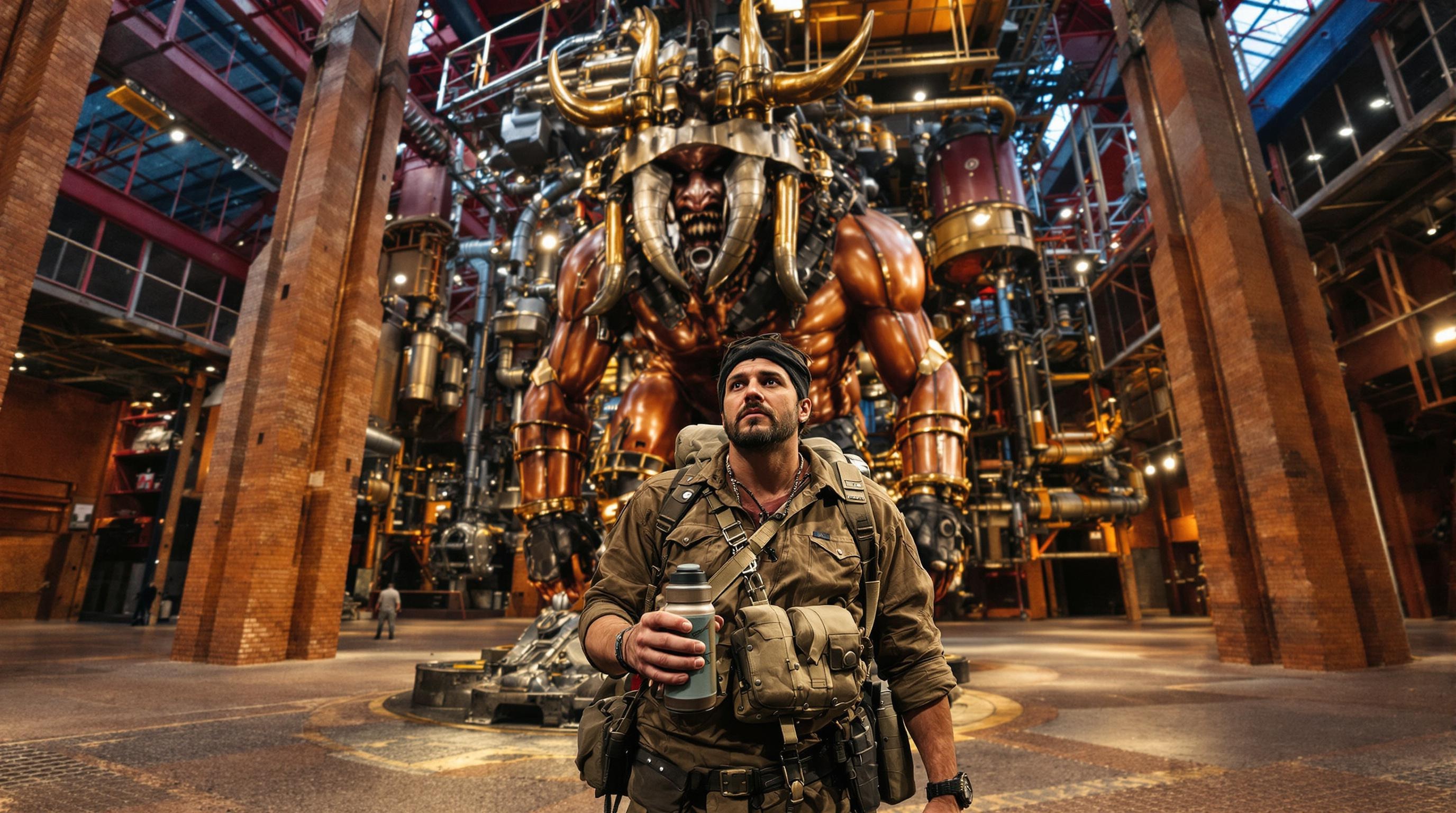 Explorateur contemplant Astérion le Minotaure à la Halle de la Machine