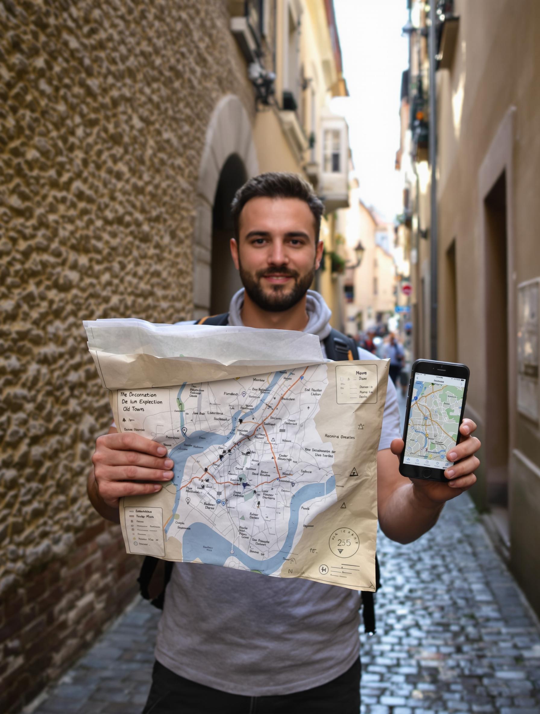 Explorateur urbain avec carte papier annotée et smartphone dans Prague