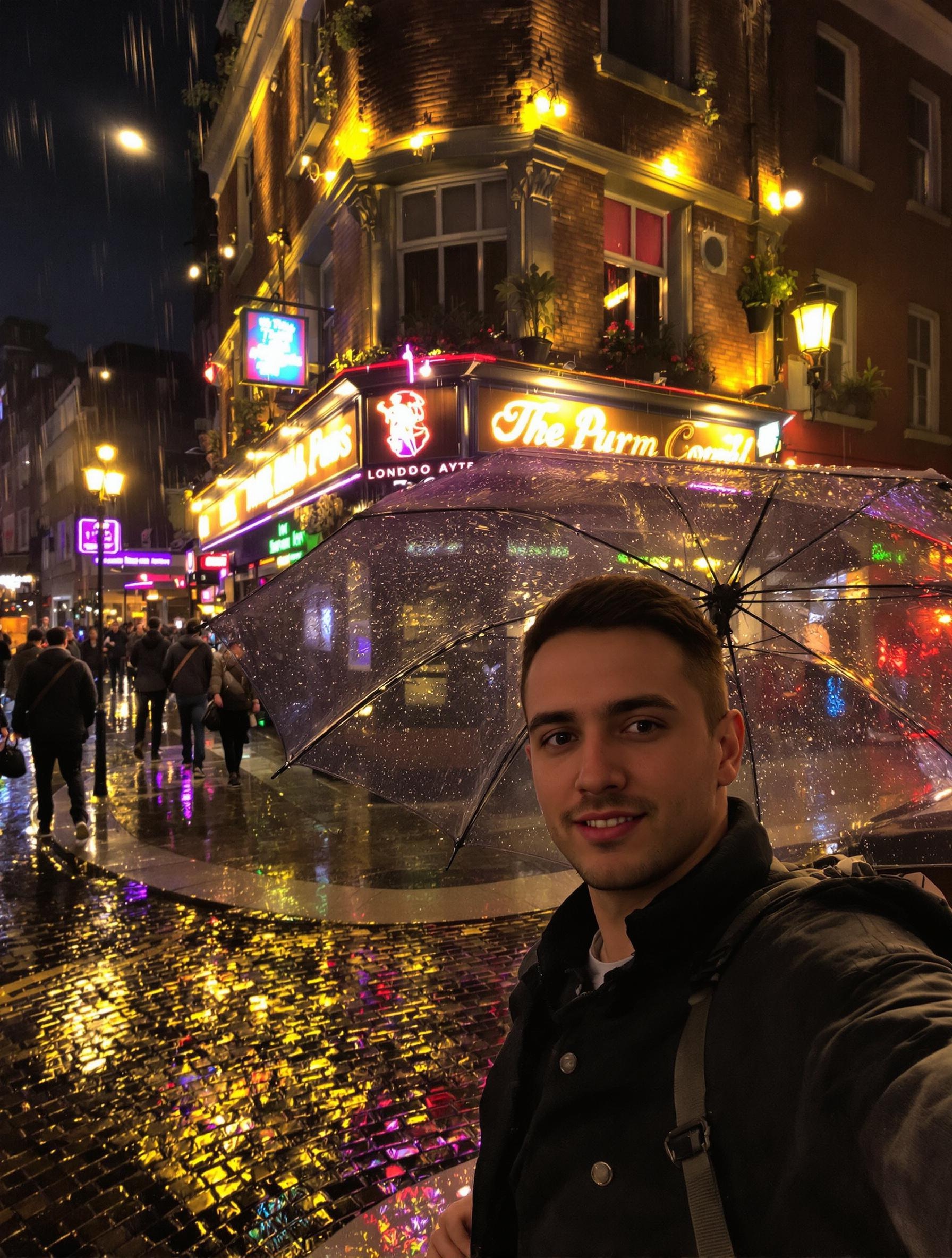 Explorateur urbain sous la pluie londonienne prenant un selfie devant un pub éclairé.