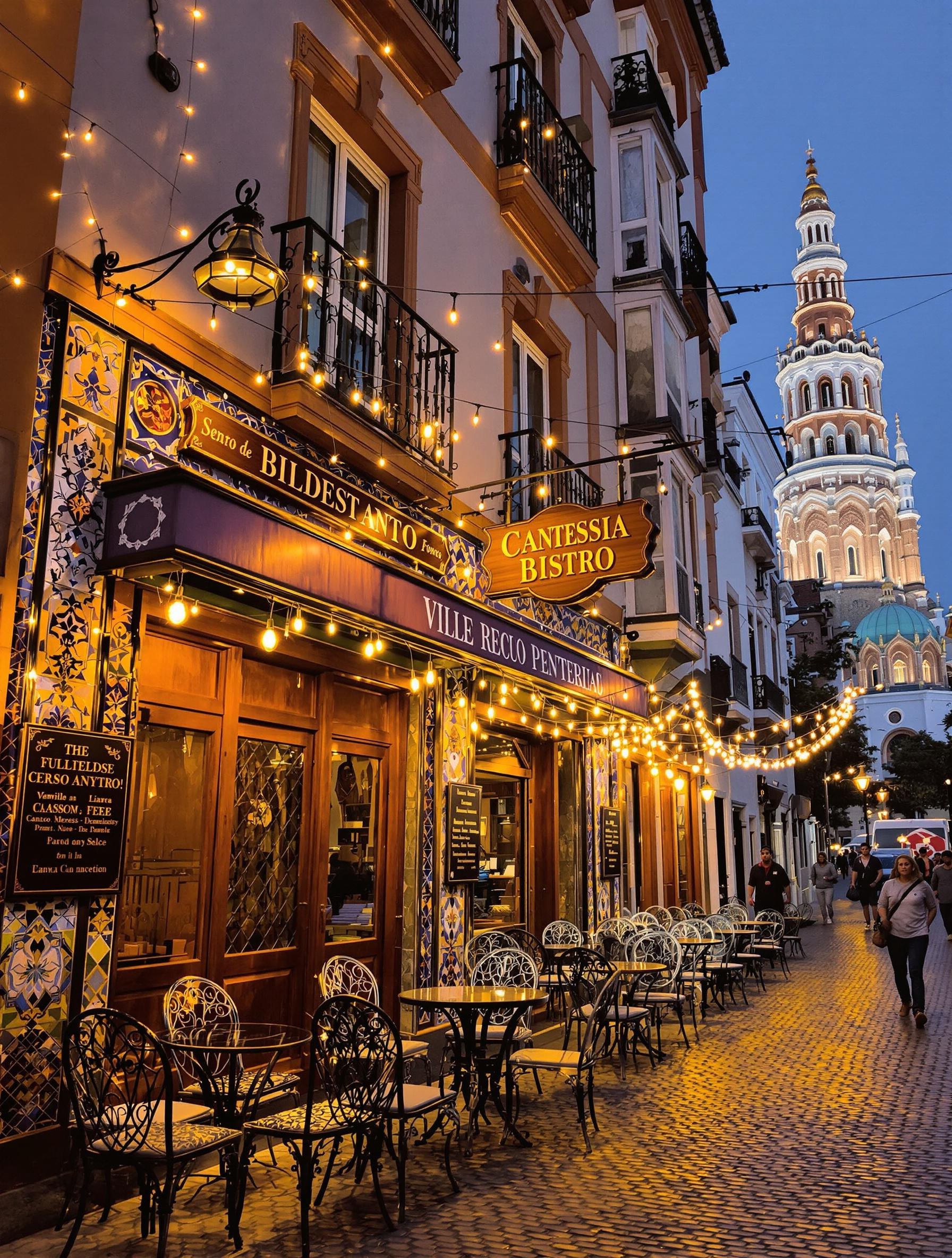 Façade d’un bistrot andalou typique avec chaises en fer forgé et guirlandes lumineuses.