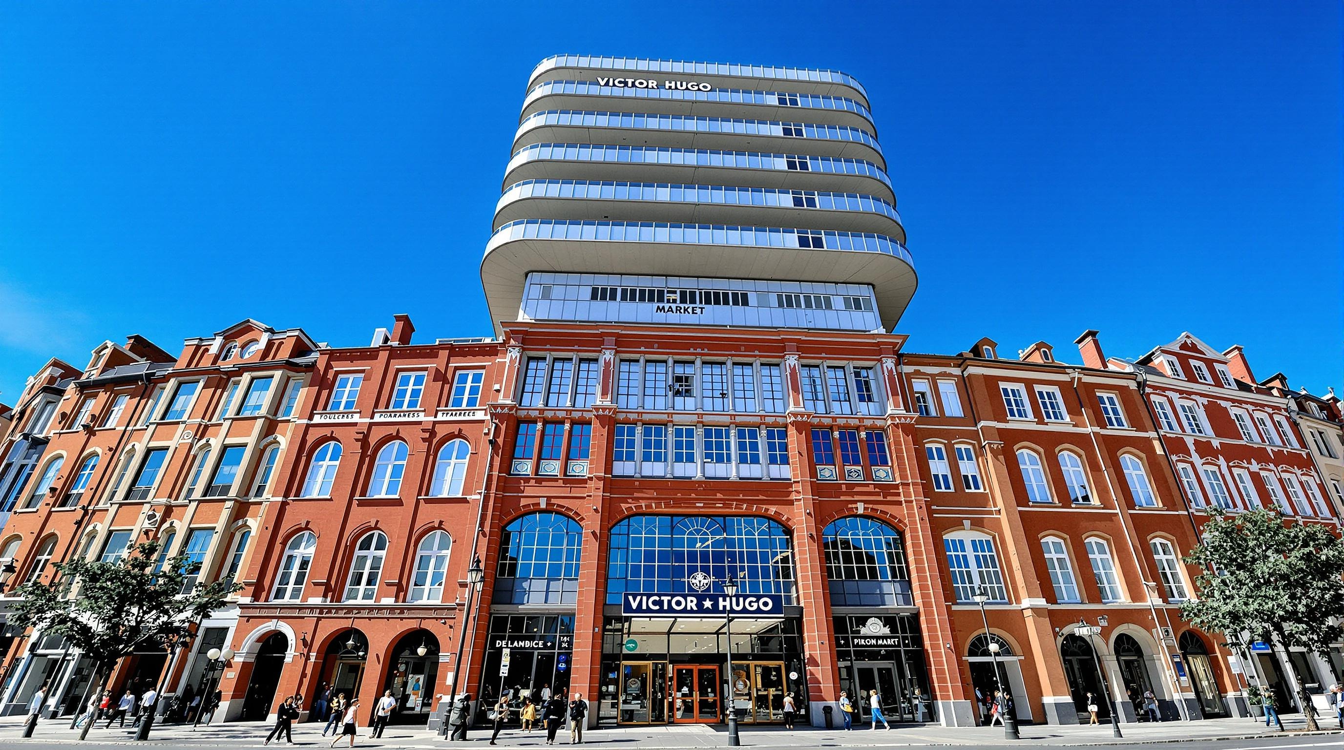 Façade du marché Victor Hugo à Toulouse : imposant bâtiment moderne surmonté d’un parking, entouré de hautes maisons bourgeoises du XIXe siècle en brique rouge avec fenêtres à meneaux, ciel bleu, quelques passants devant l’entrée. Scène urbaine authentique et vivante.