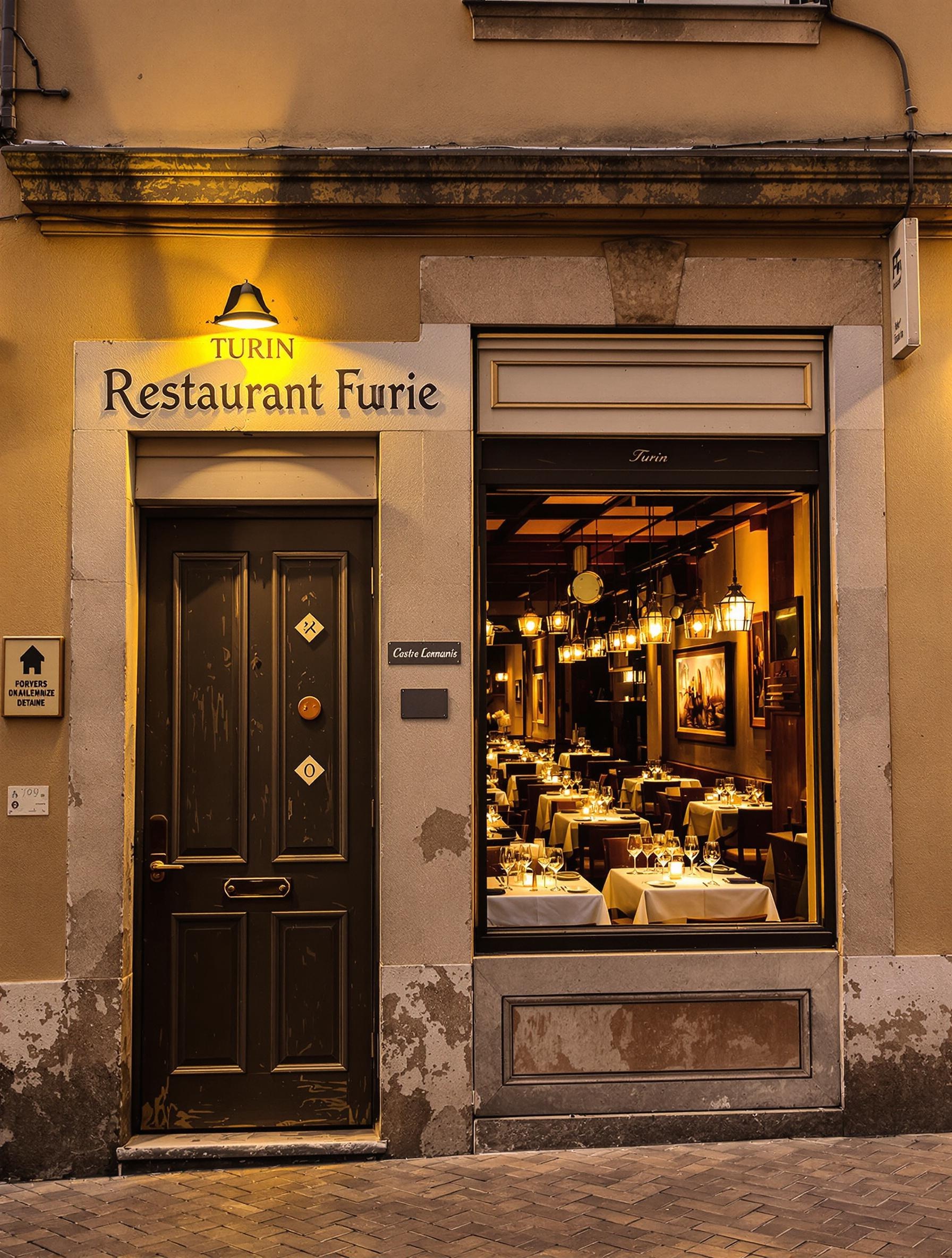 Façade d'un restaurant turinois avec une porte décrépie, ambiance de quartier