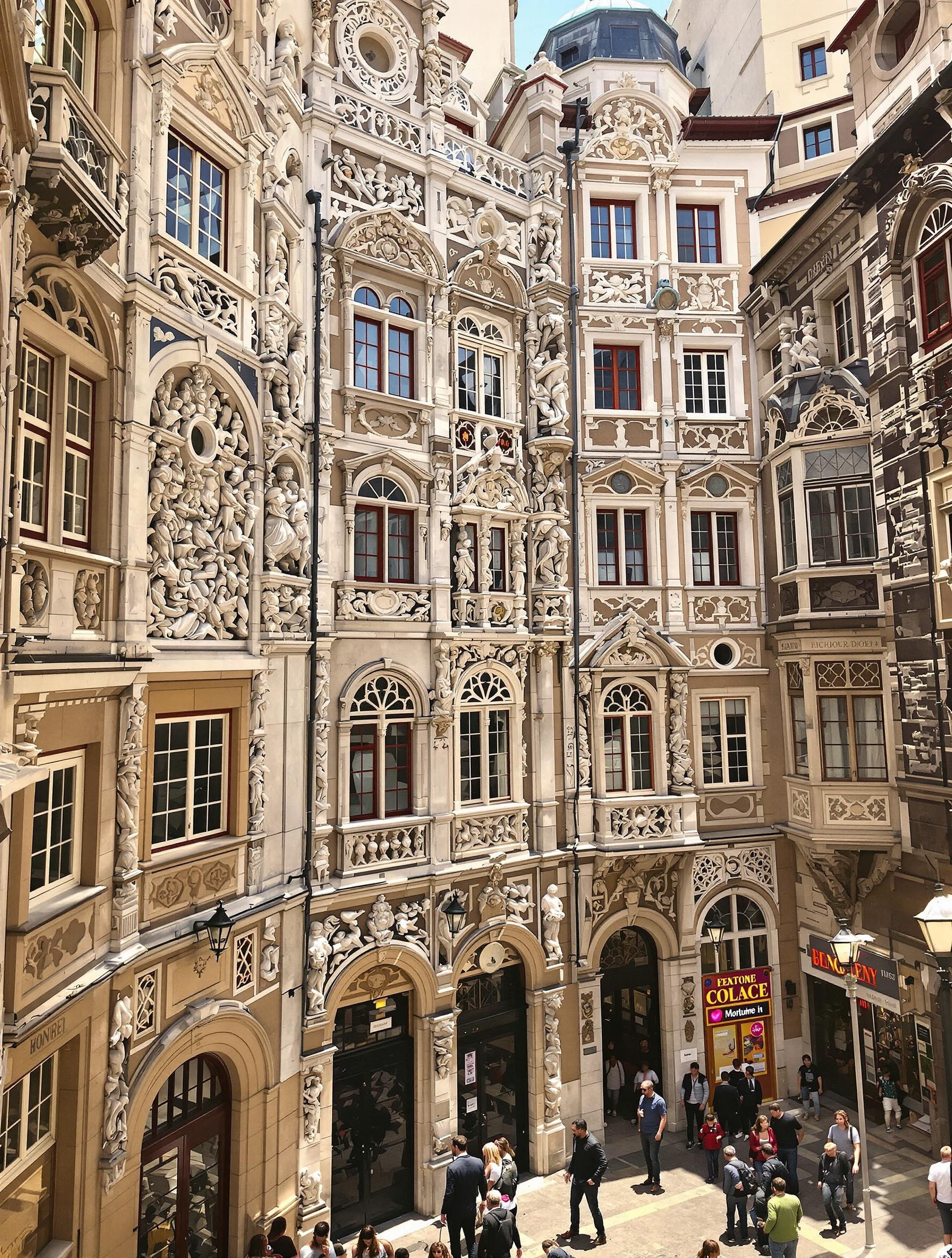 Façades des hôtels particuliers Renaissance dans le Vieux Lyon, détails sculptés et tympans