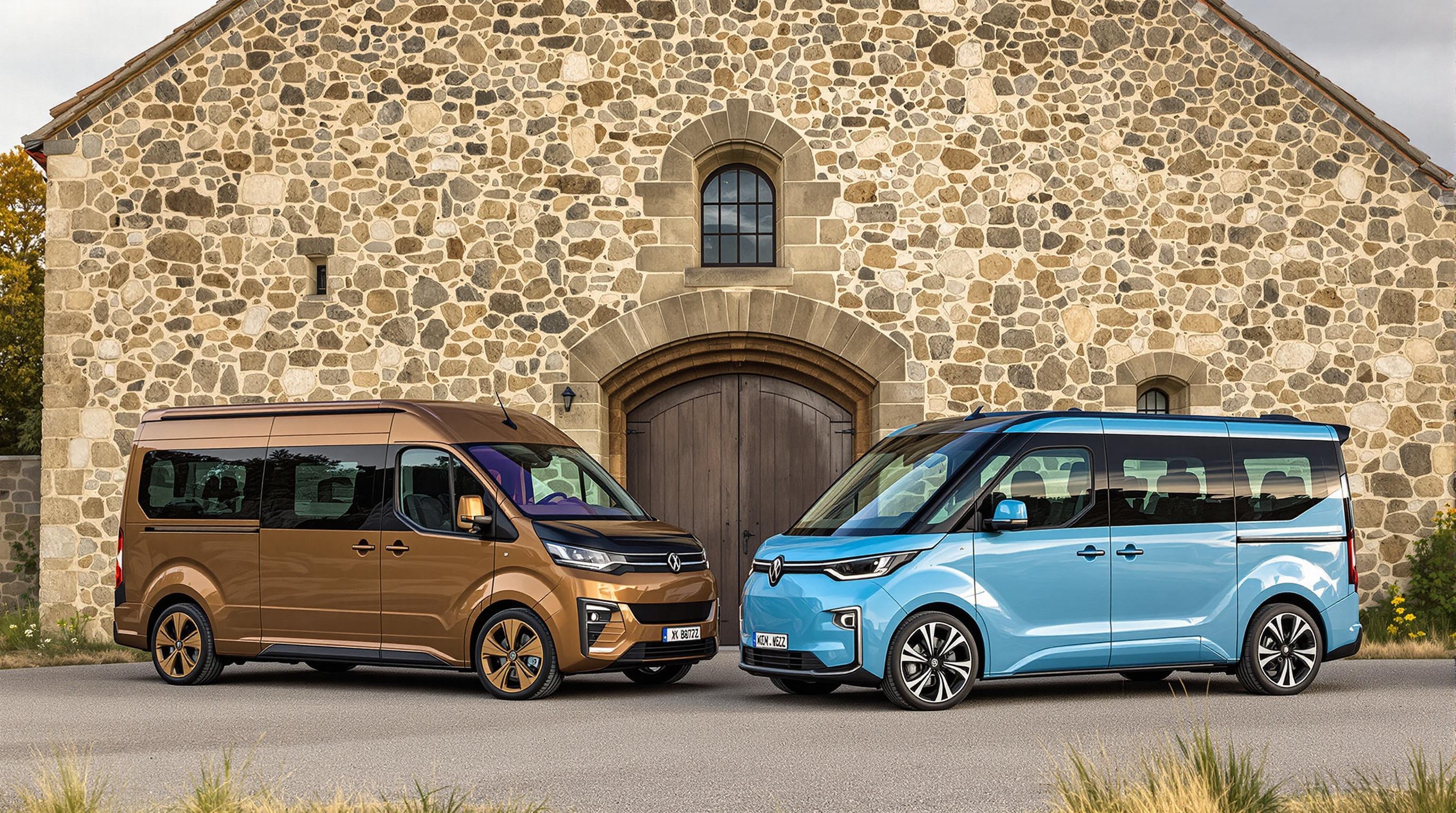 Face-à-face entre XBus et ID.Buzz, deux visions de la vanlife électrique devant un vieux chai en pierres