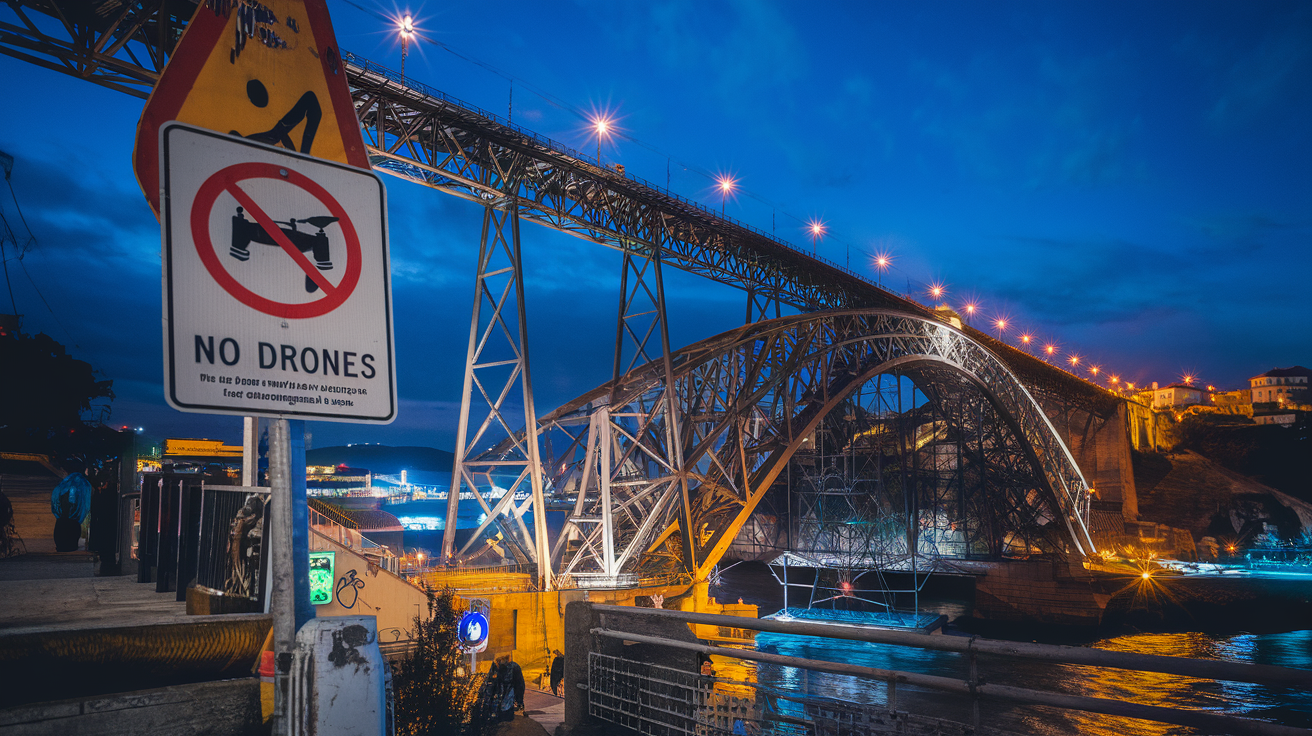 FAQ illustrée du Pont Dom Luís I à Porto : pont illuminé de nuit, signalétique drone interdit, chiffres longueur hauteur sur structure acier.
