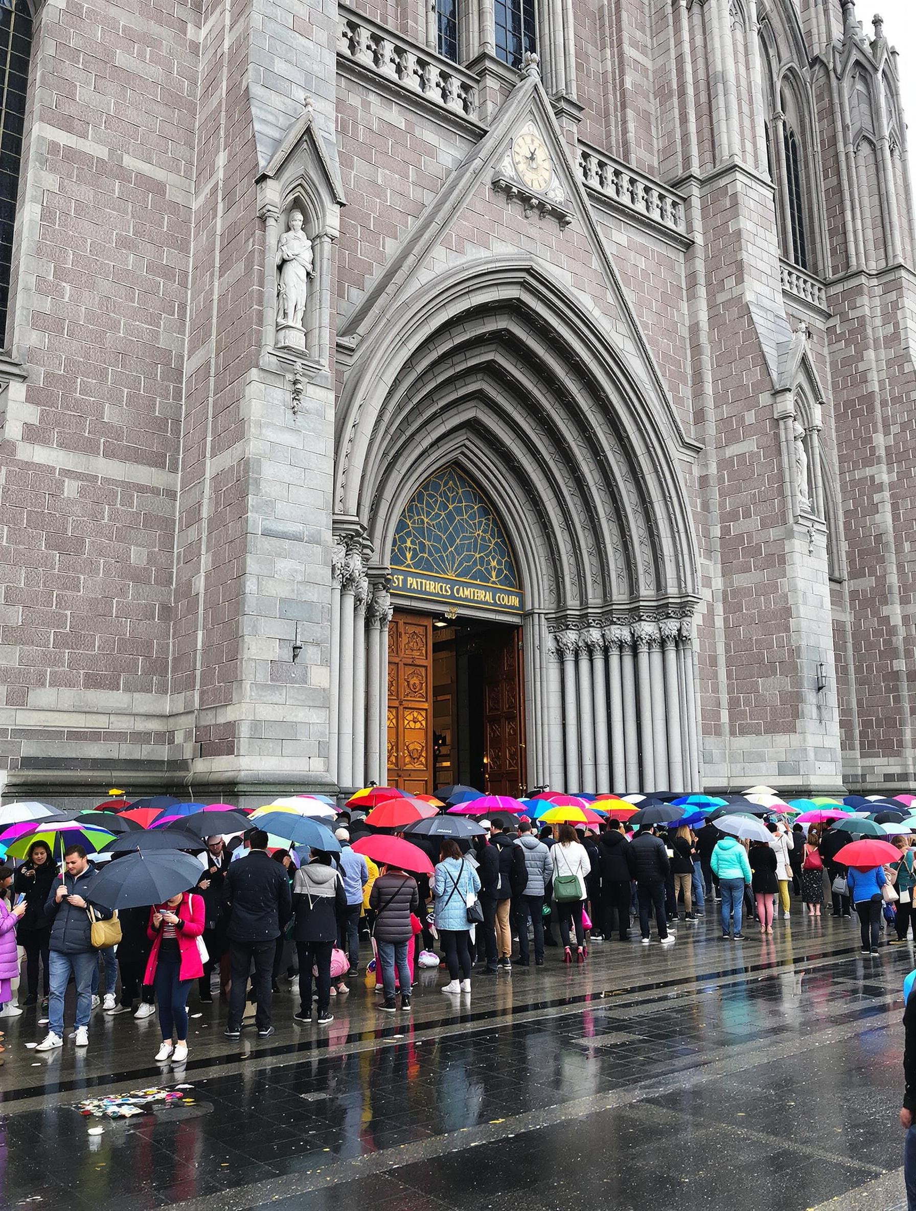 File d’attente sous la pluie devant la Cathédrale Saint-Patrick à Dublin avec visiteurs consultant billets électroniques