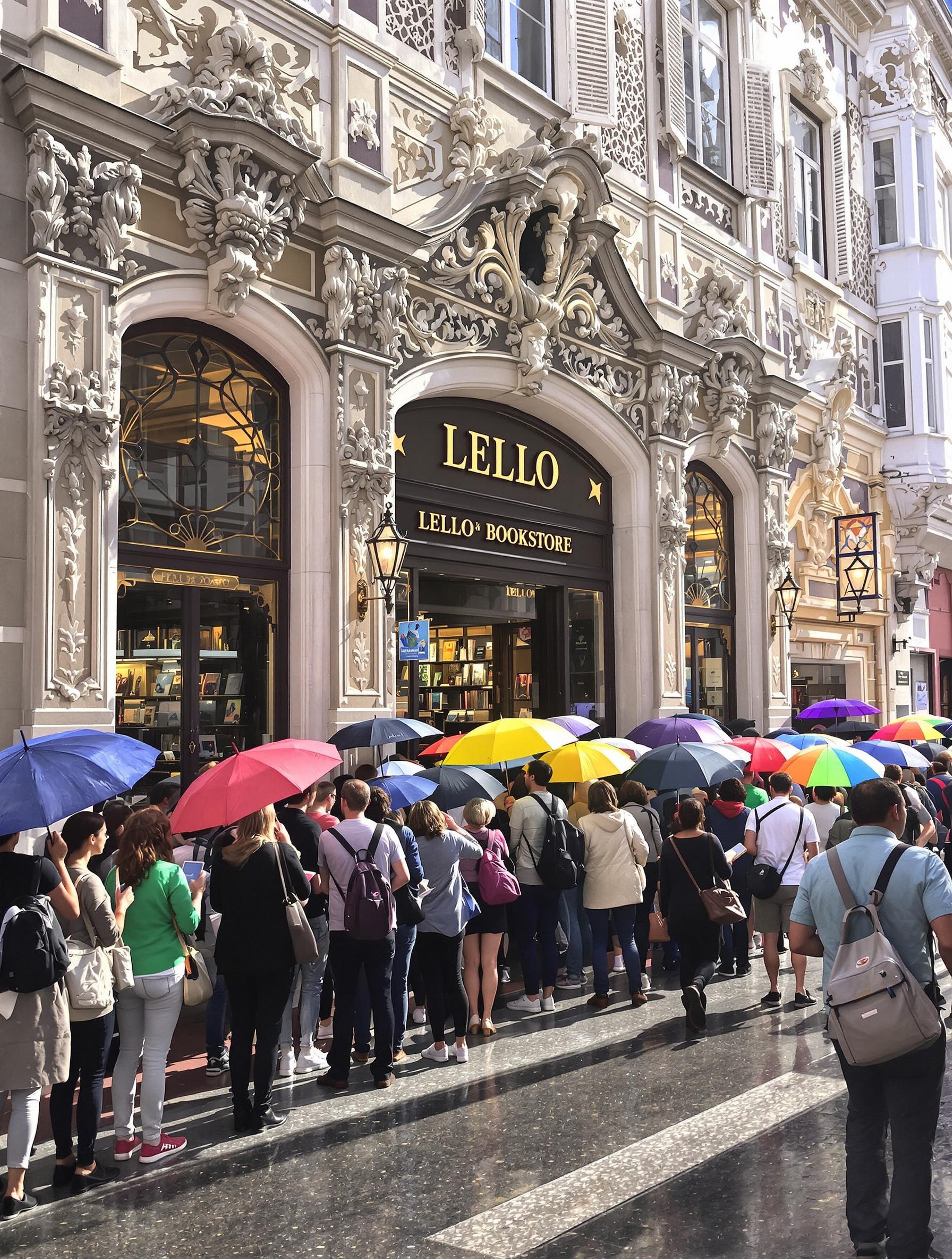file attente librairie Lello Porto matin touristes parapluie livre