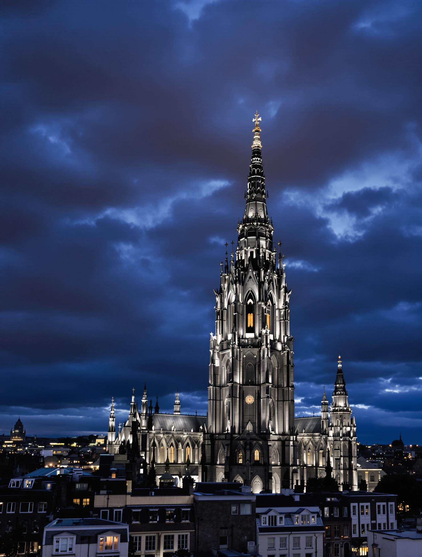Vue de la flèche de la Cathédrale Saint-Patrick de Dublin sous un ciel orageux