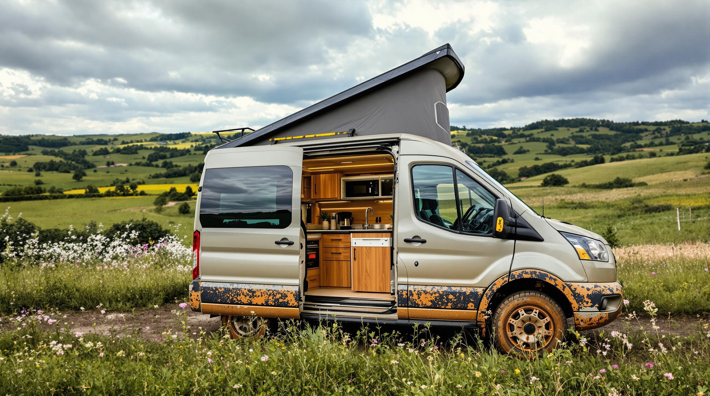 Ford Transit aménagé en van cosy dans la campagne française sauvage
