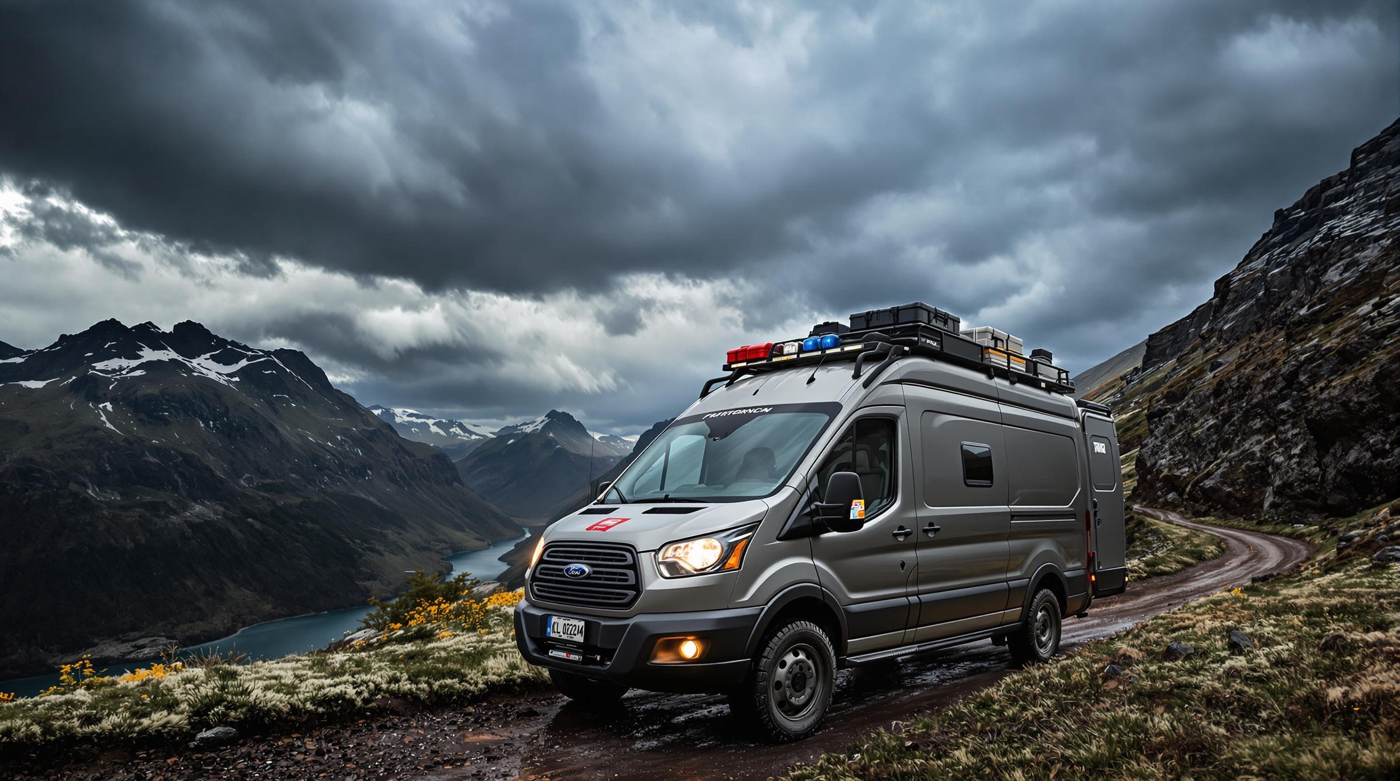 Ford Transit camping-car sur chemin randonnée baroudeur montagnes ciel orageux