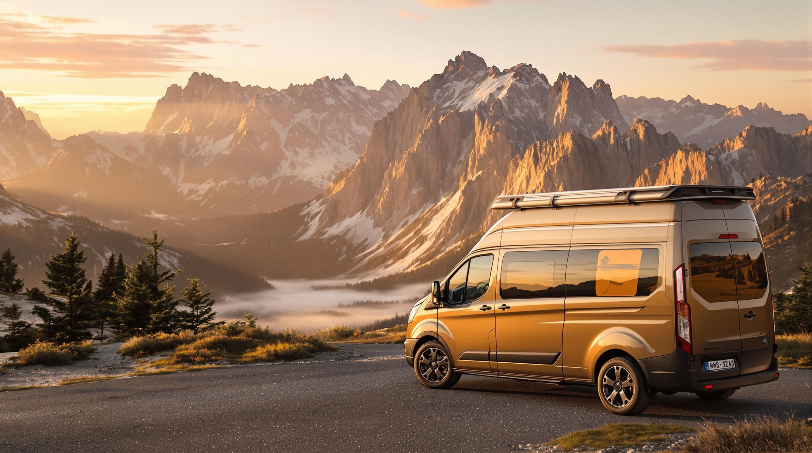 Ford Transit Custom Nugget dans son élément, devant un panorama sauvage évoquant l’aventure