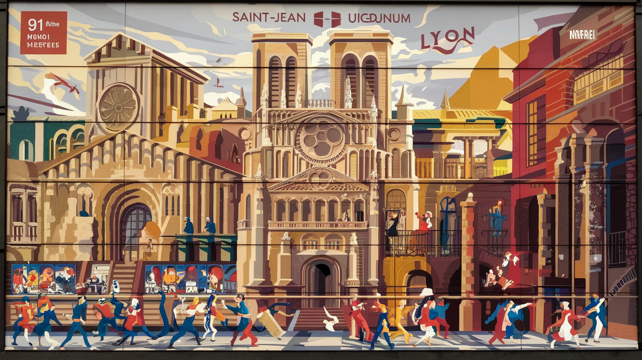 Fresque stylisée représentant l'histoire de Saint-Jean à Lyon, de Lugdunum à la Renaissance