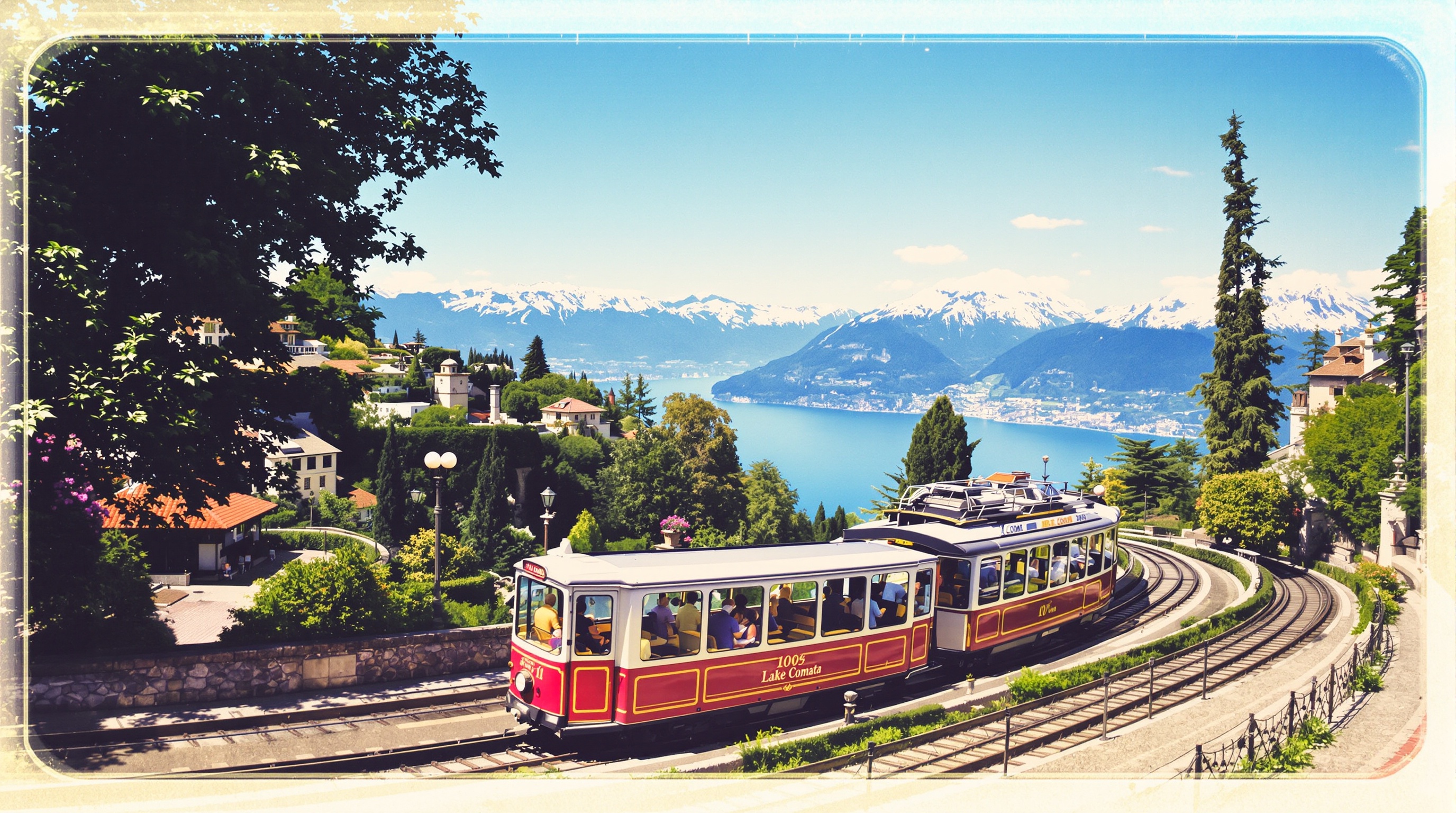 Funiculaire rétro montant depuis la ville de Côme vers Brunate avec vue sur le lac
