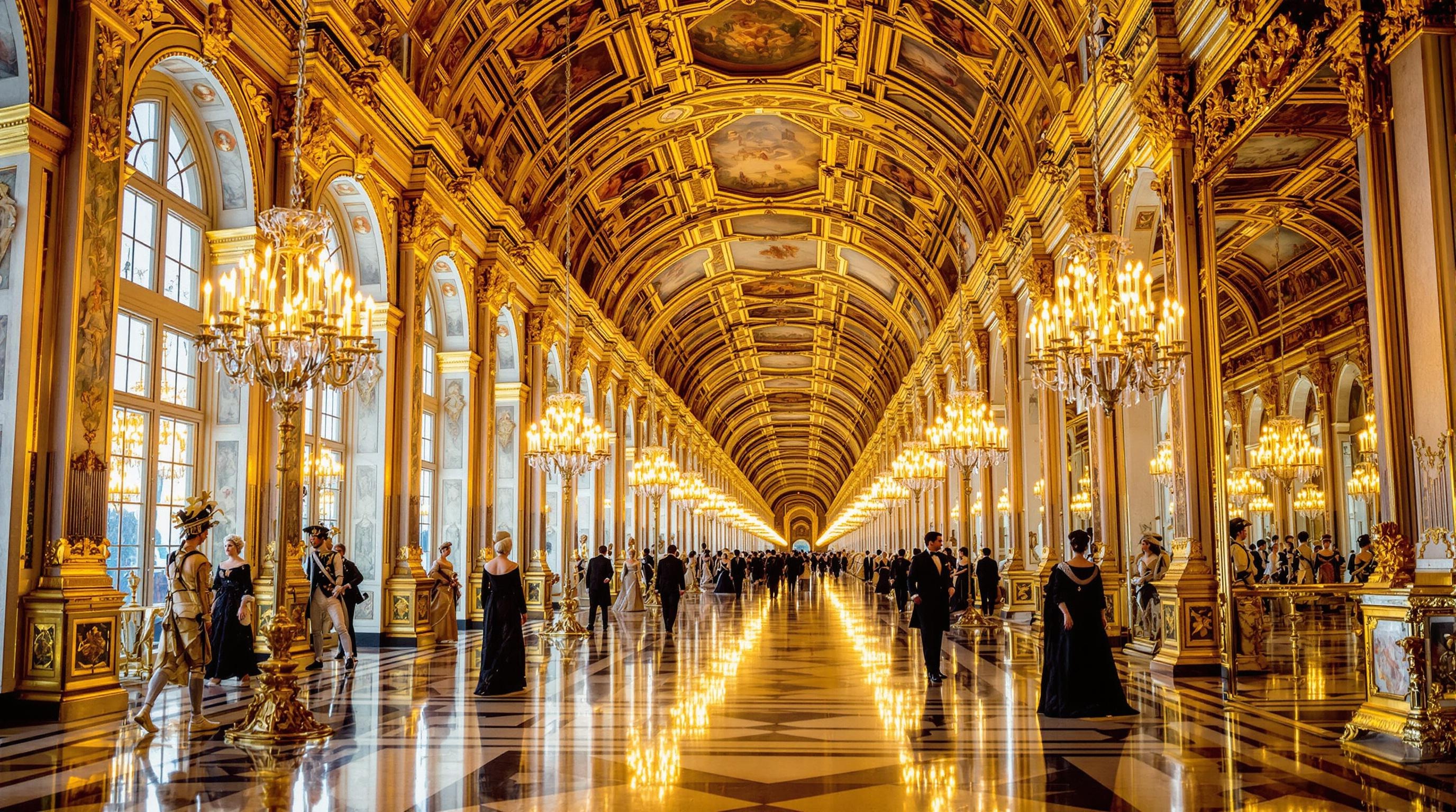 Vue en perspective de la Galerie des Glaces illuminée par les candélabres