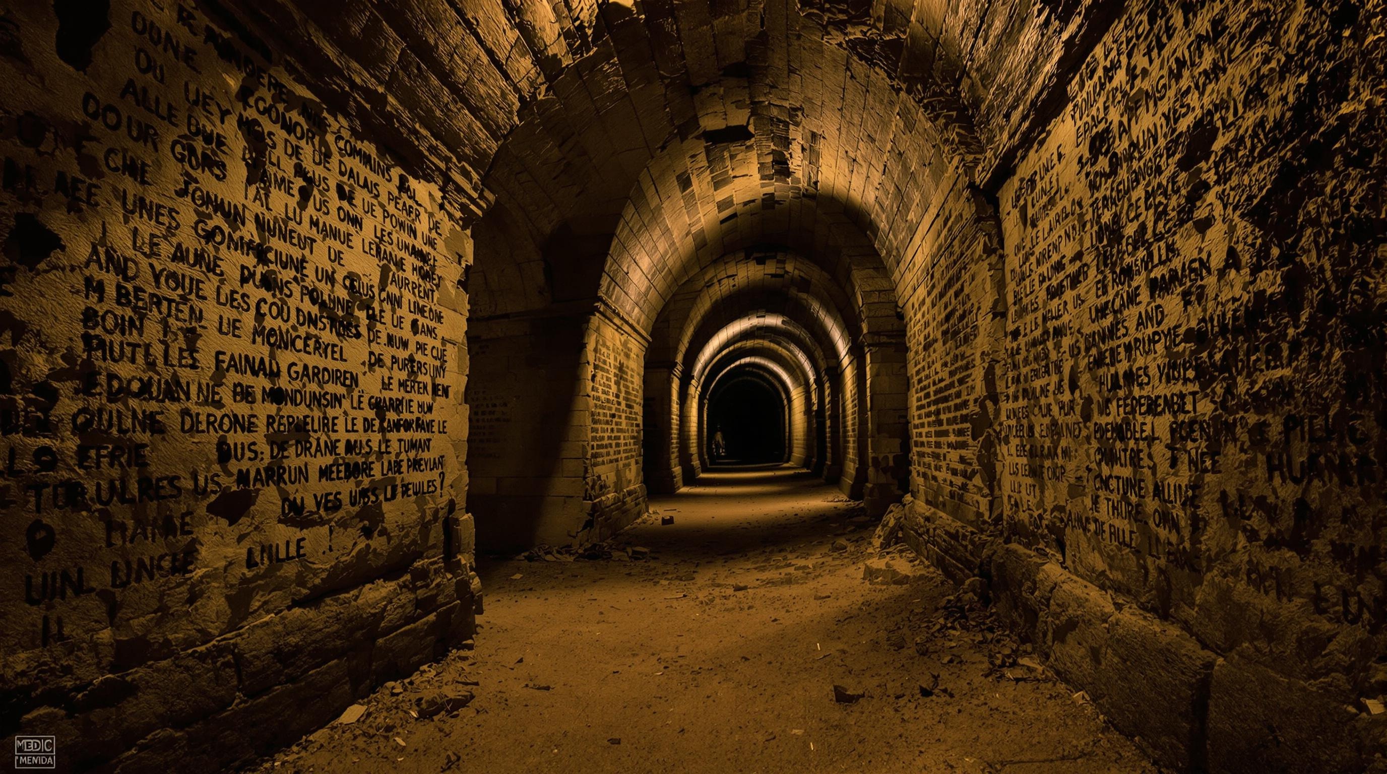 Galerie mystérieuse catacombes Turin avec inscriptions