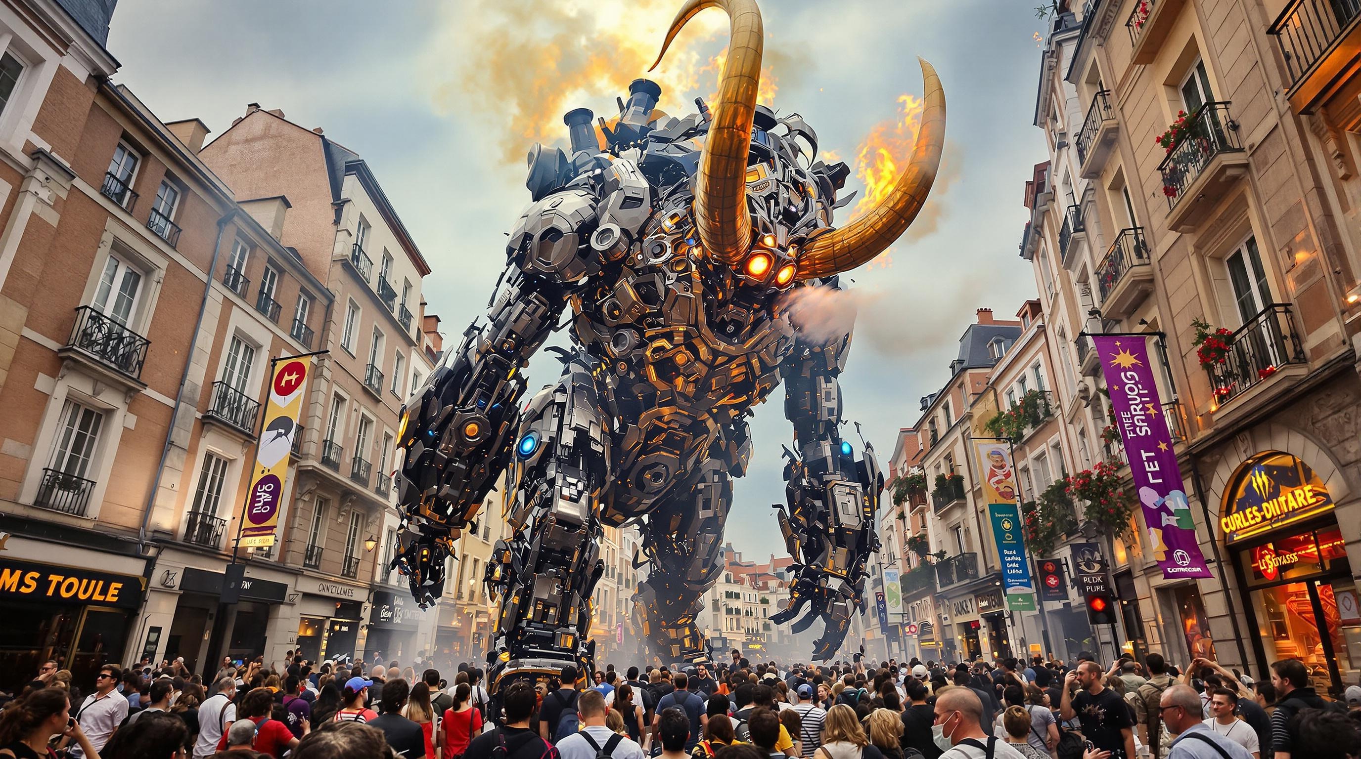 Le Gardien du Temple en pleine parade urbaine, crachant des gerbes de fumée et saluant la foule.