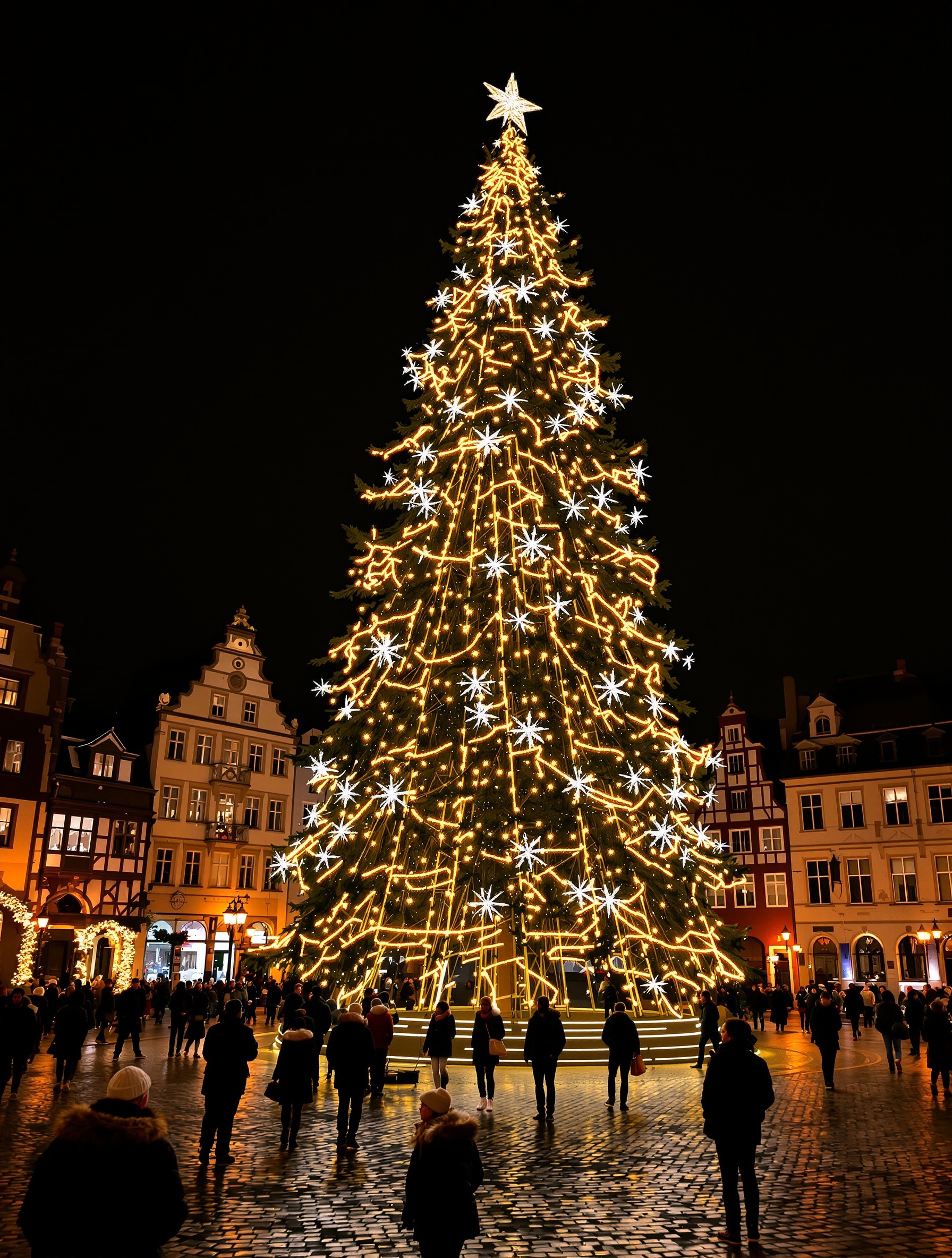 Le Grand Sapin illuminé sur la Place Kléber entouré de la foule en soirée à Strasbourg.