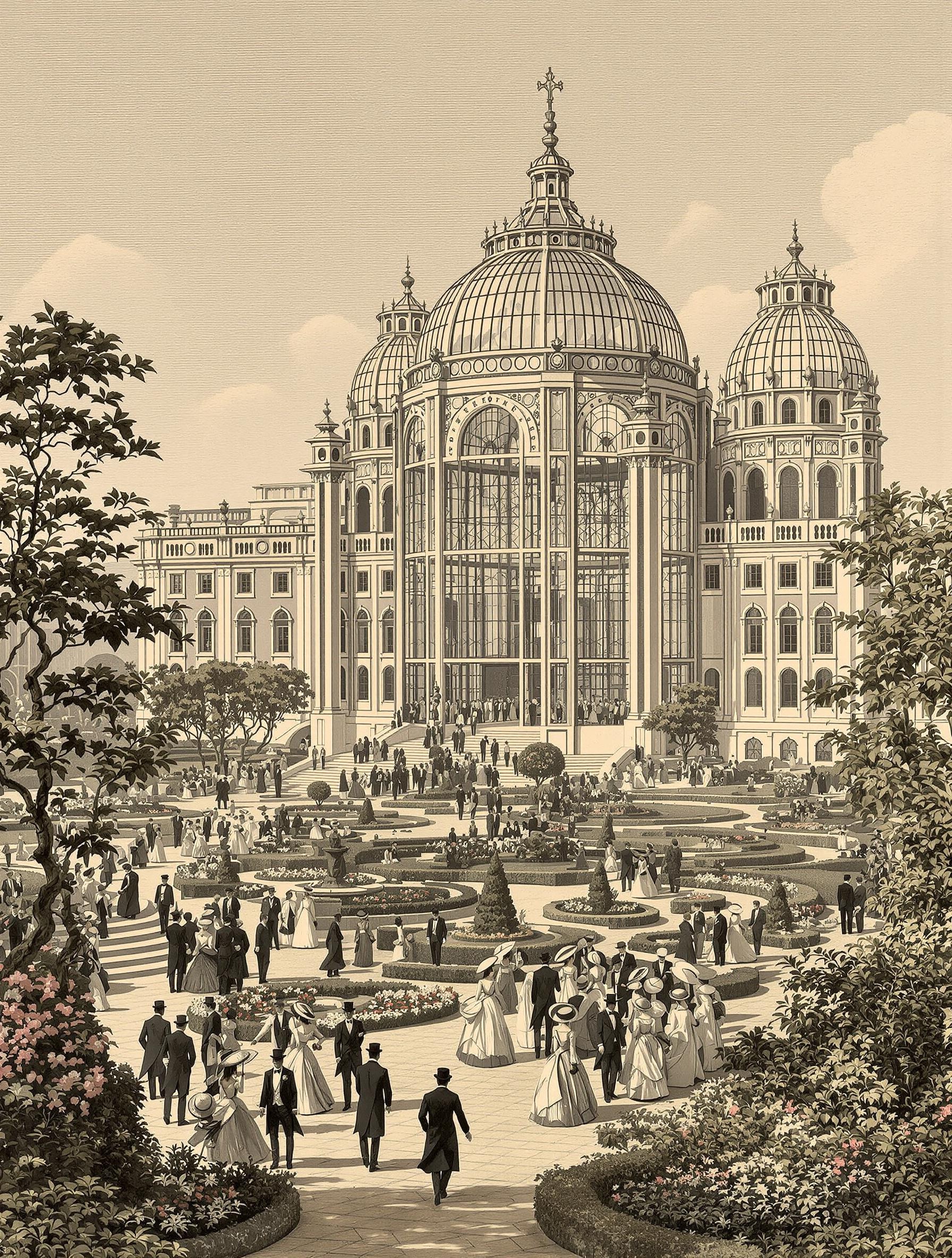Gravure ancienne du Palácio de Cristal original de Porto avec structure métallique et jardins Emile David