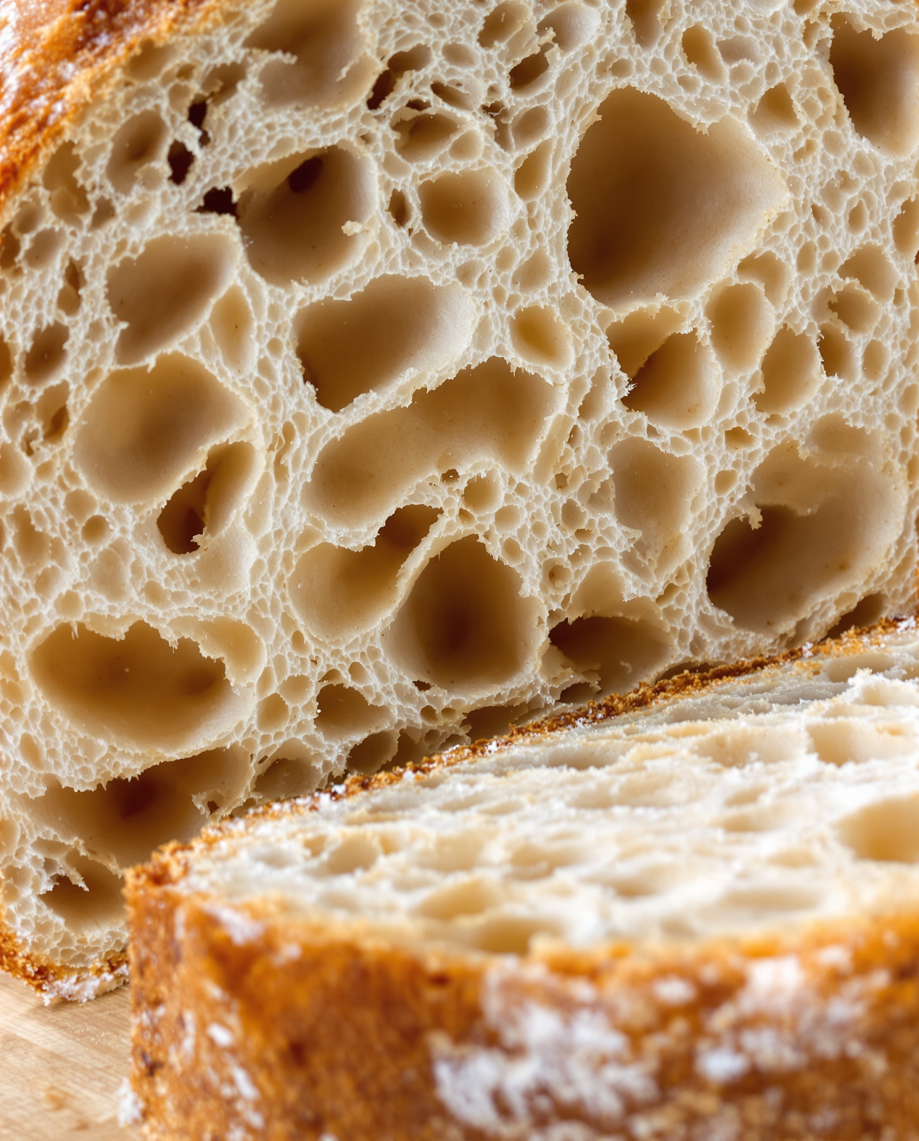 Coupe transversale d'une miche de pain au levain avec mie alvéolée