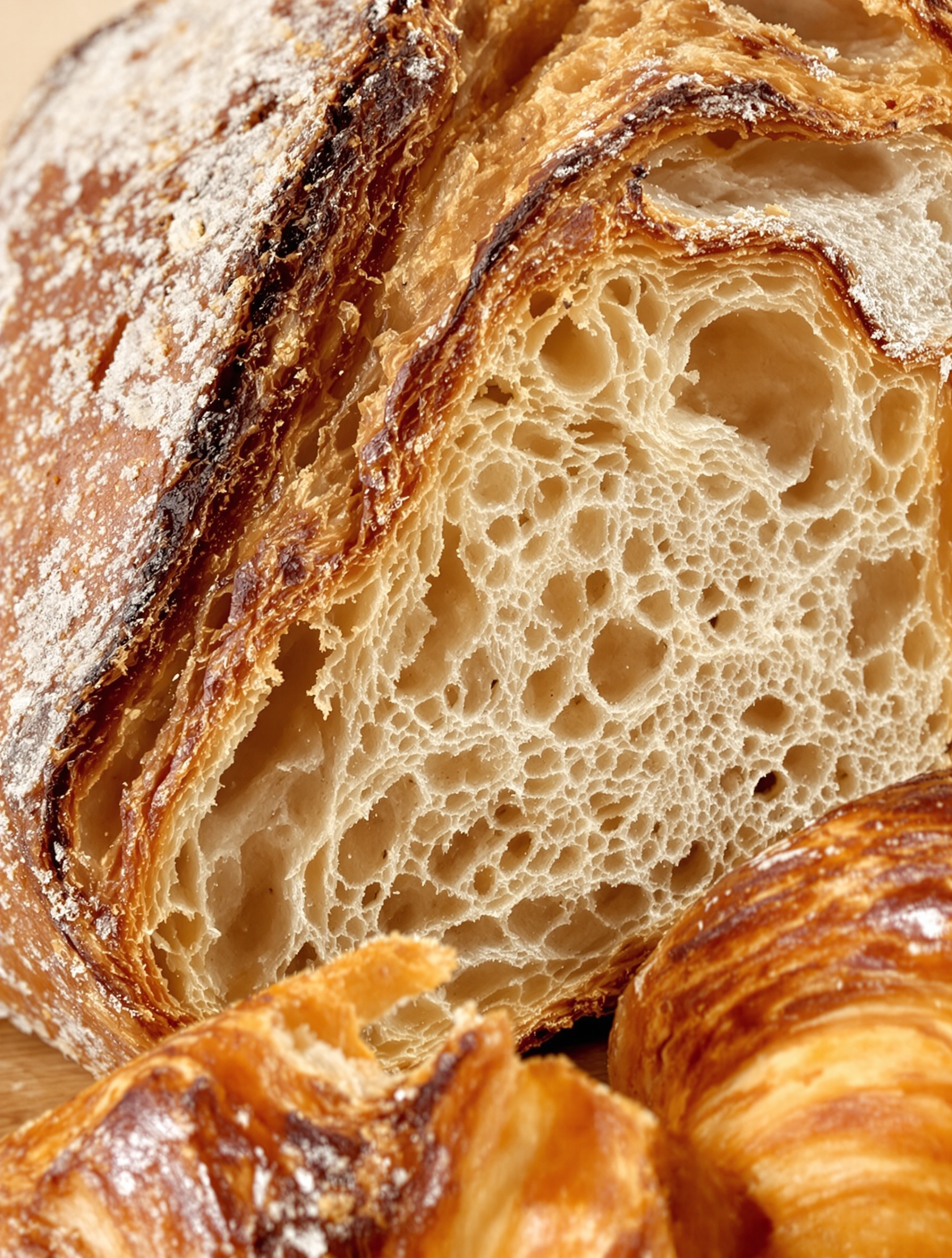 Pain au levain artisanal rustique à côté d'un croissant feuilleté irrégulier