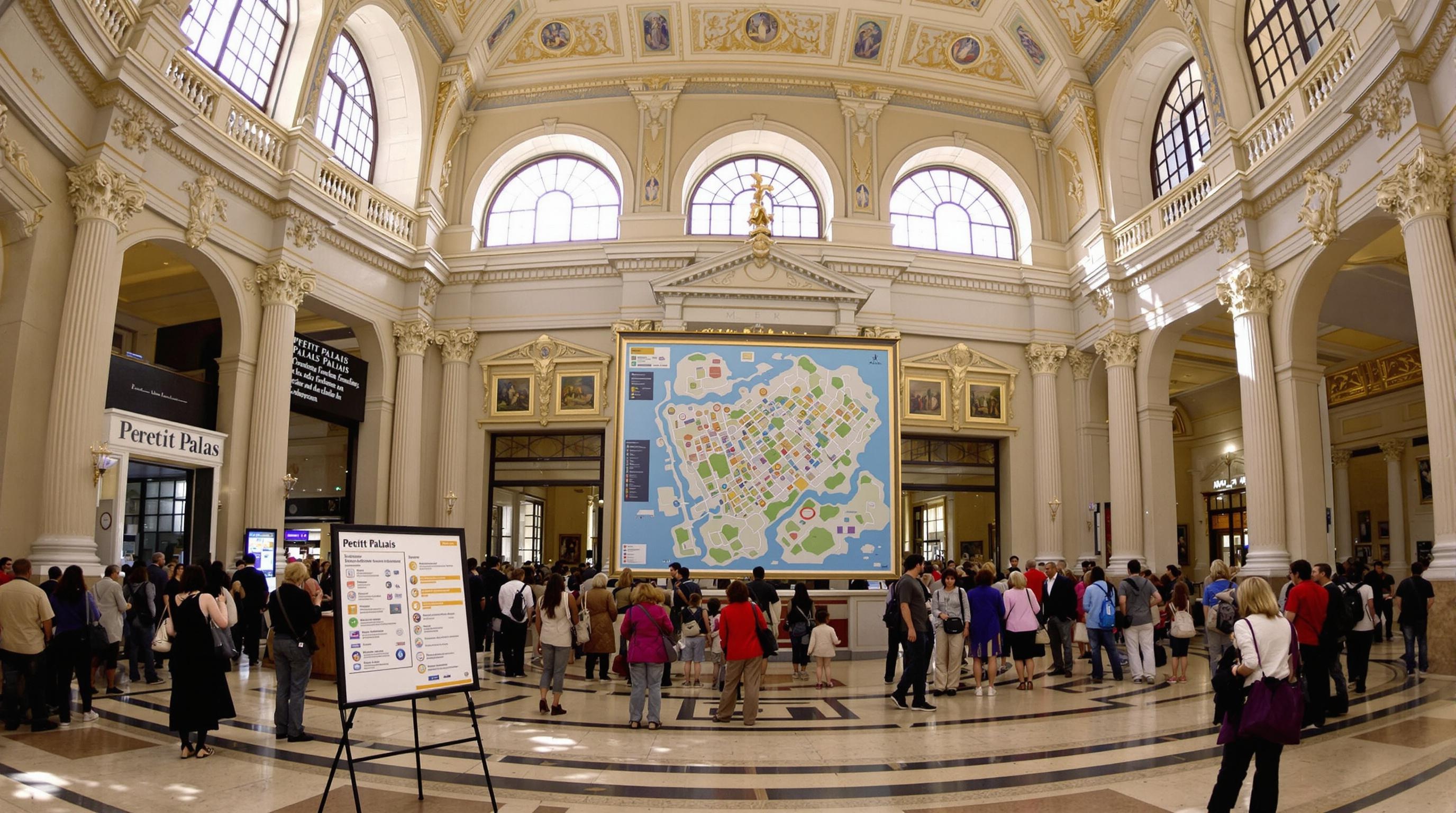 Hall d'accueil du Petit Palais avec billetterie, visiteurs et plan affiché