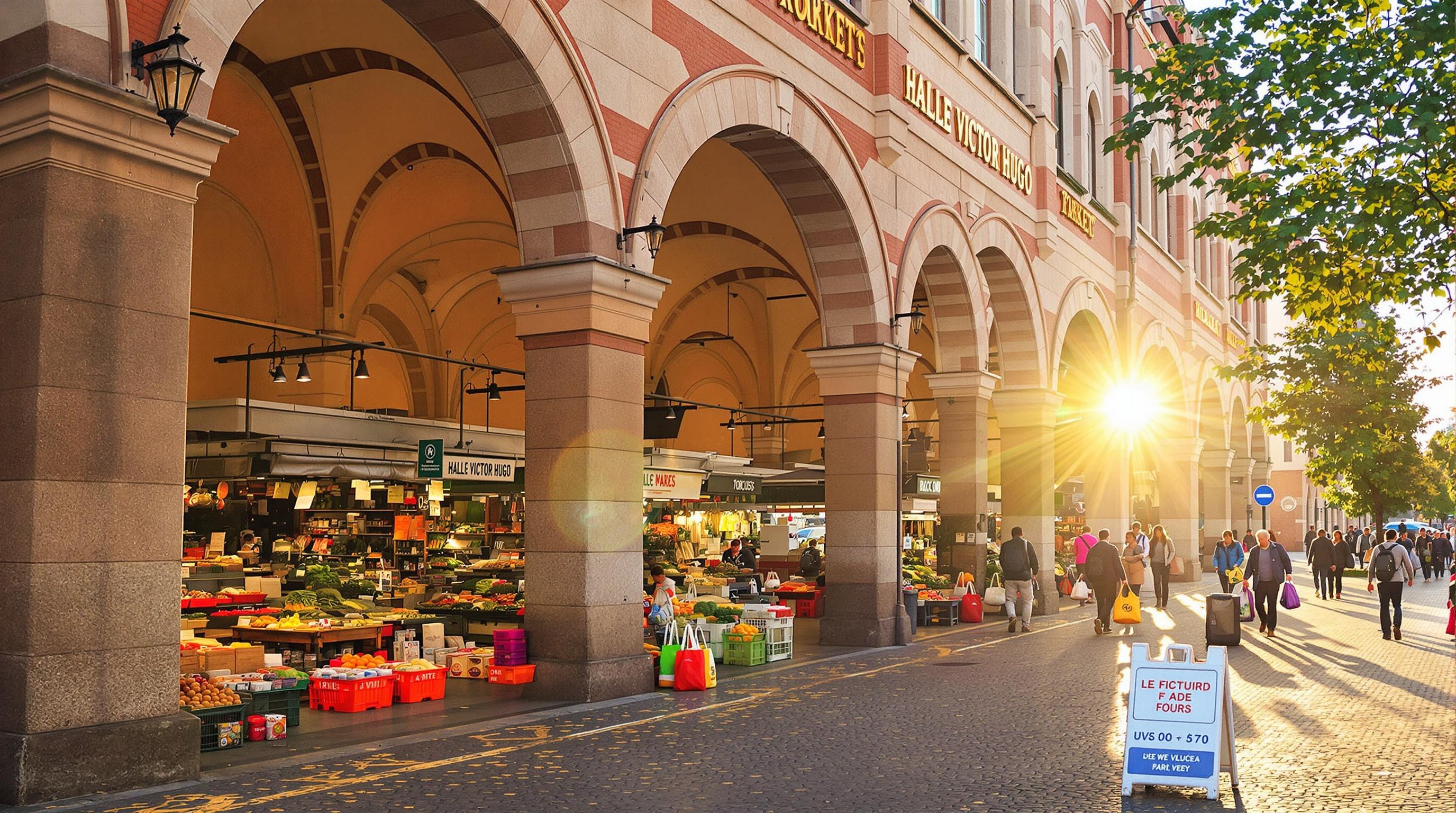 Scène matinale devant la halle Victor Hugo à Toulouse, lever du jour, commerçants installant leurs étals sous les arcades, quelques clients avec cabas colorés, lumières douces et ombres allongées. Panneau indiquant les horaires d'ouverture. Ambiance authentiquement toulousaine.