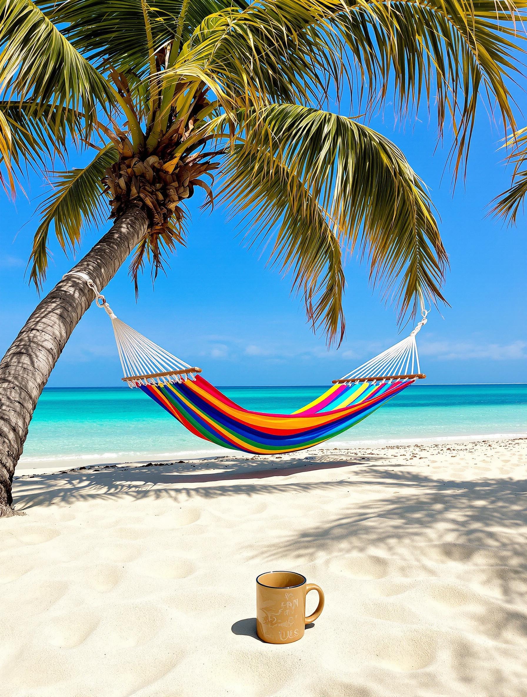 Hamac sur une plage déserte au soleil d’avril