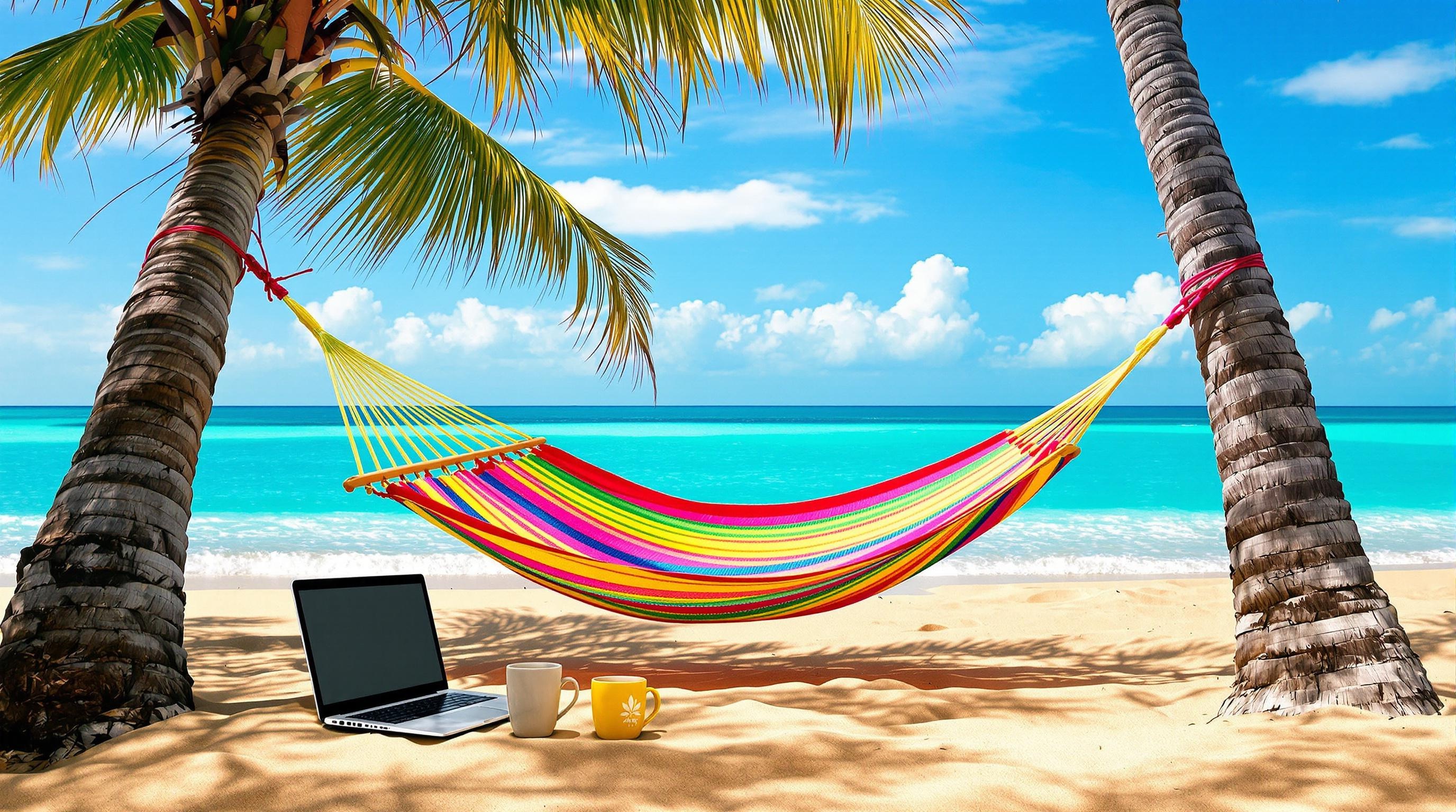 Hamac coloré au soleil avec un ordinateur et un café sur une plage en avril