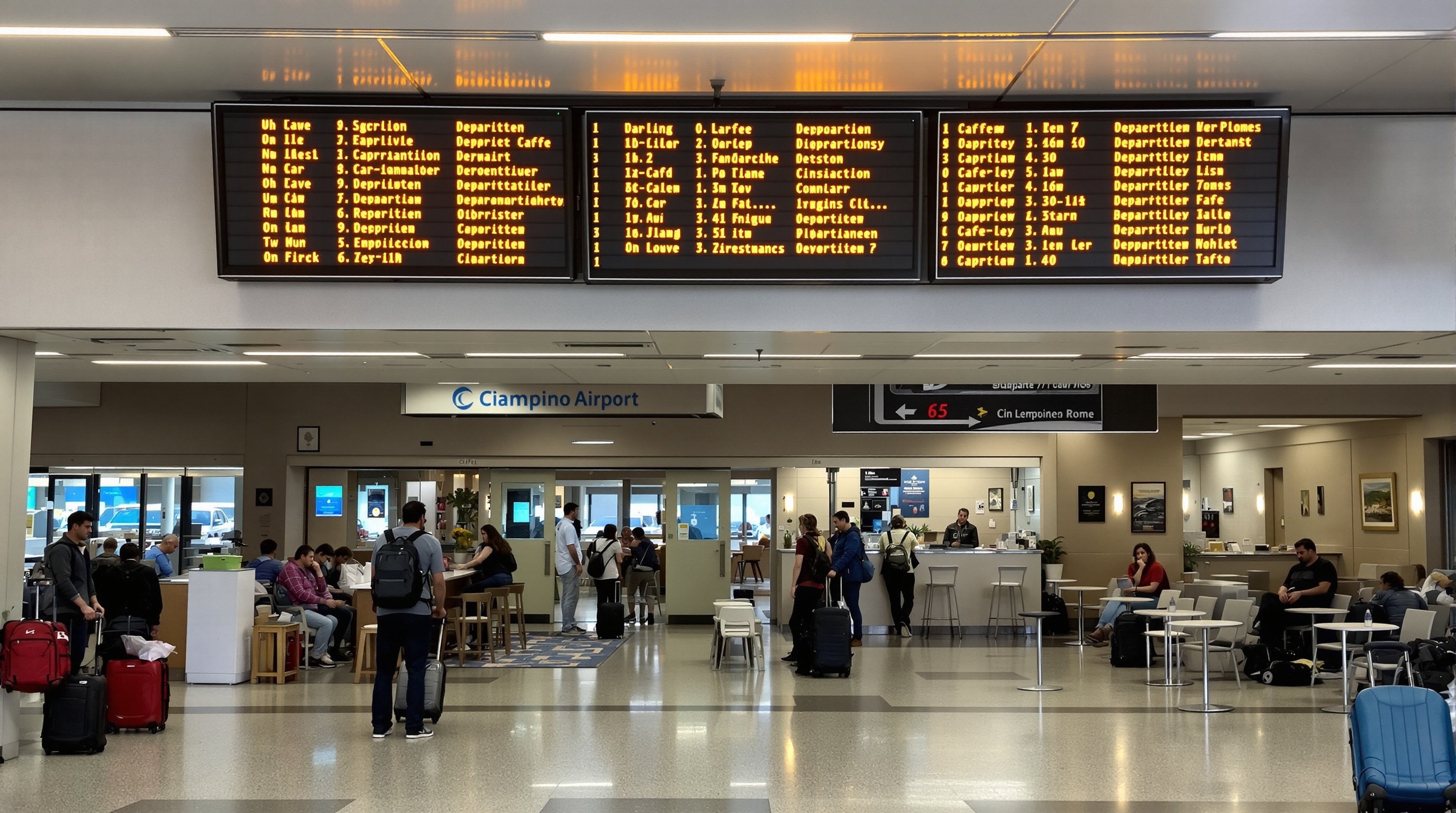 Intérieur vieillot de l'aéroport Rome Ciampino : voyageurs fatigués, petit café banal et panneau d'affichage cabossé.