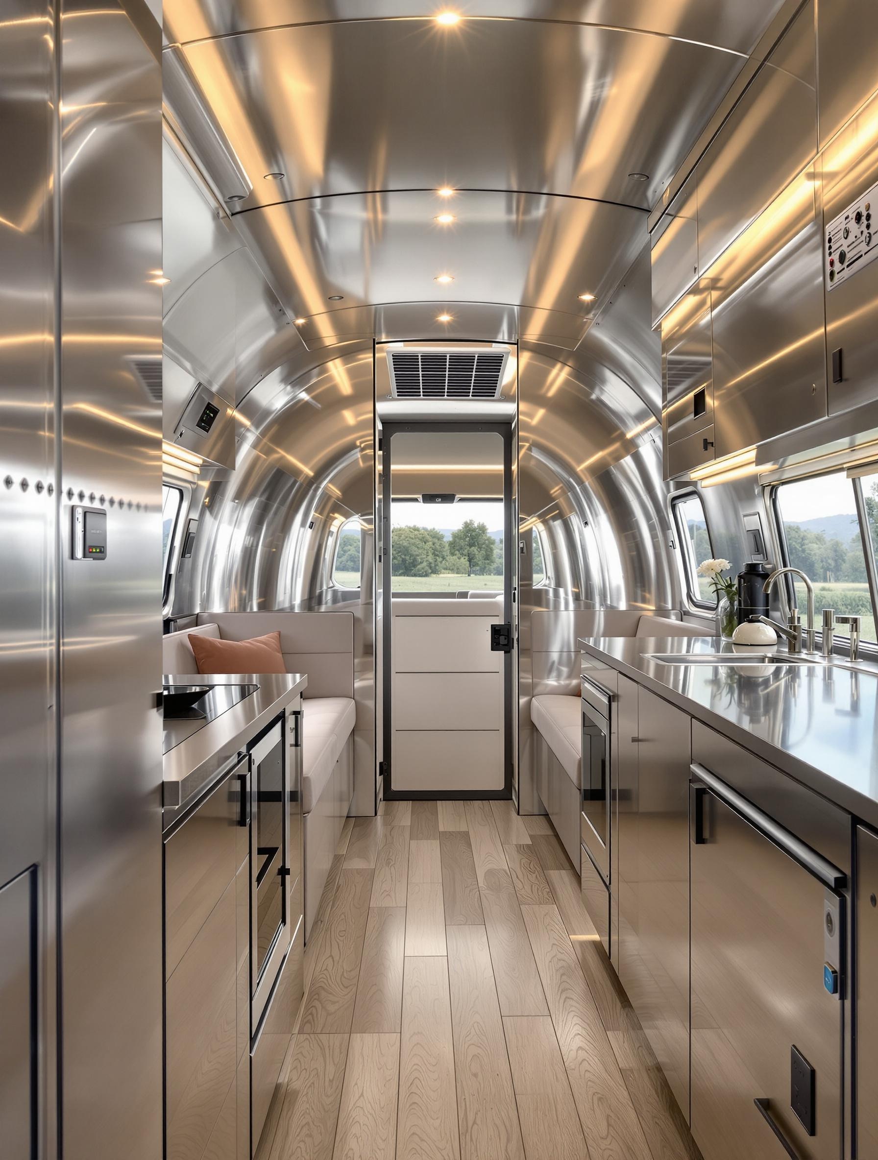 Intérieur moderne d'un Airstream avec finitions aluminium riveté et équipements technologiques discrets.