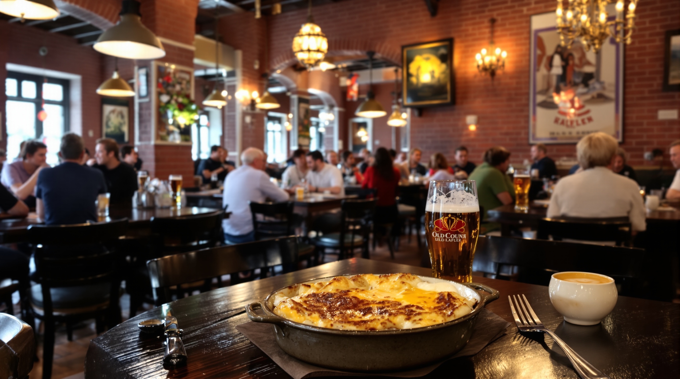 Vue intérieure d'une brasserie typique du Vieux-Lille avec briques rouges apparentes et ambiance conviviale