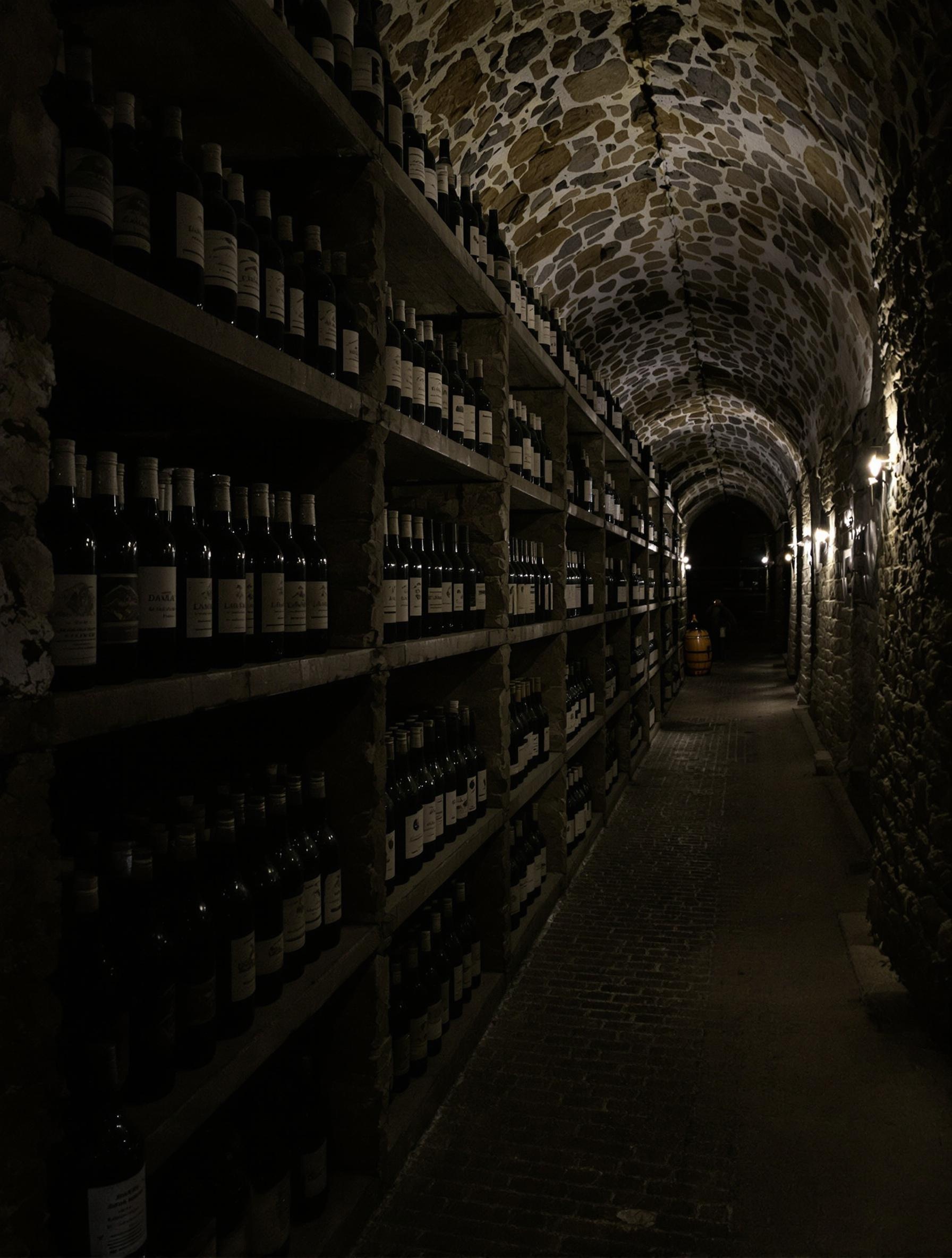 Cave traditionnelle de Vila Nova de Gaia fûts chêne vieux murs pierre bouteilles poussiéreuses.